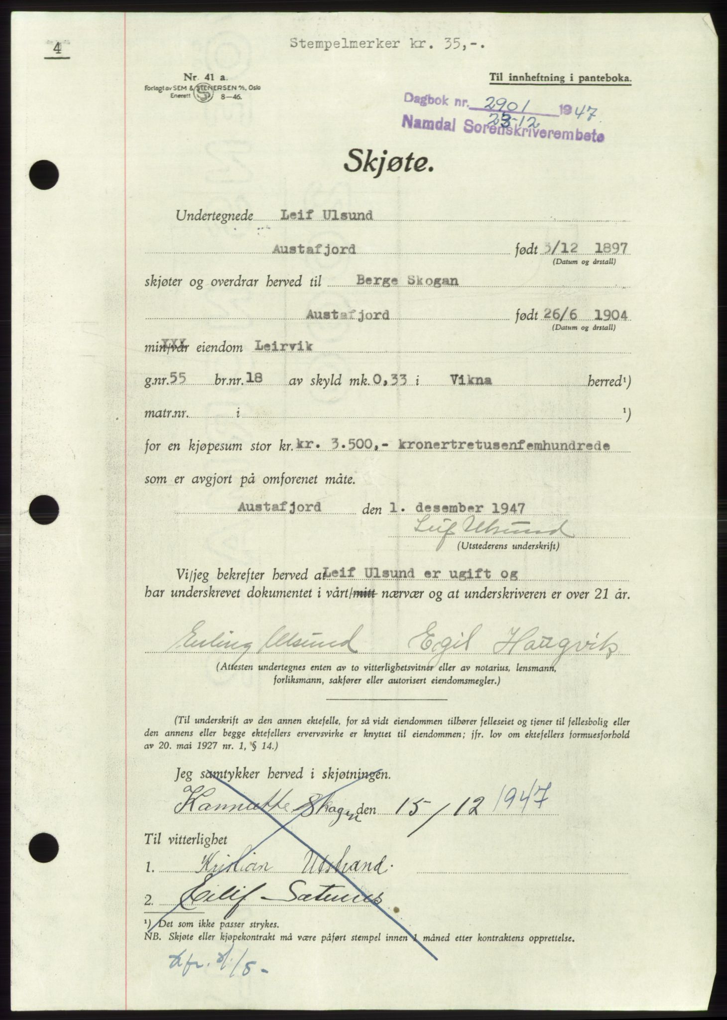Namdal sorenskriveri, SAT/A-4133/1/2/2C: Pantebok nr. -, 1947-1948, Dagboknr: 2901/1947