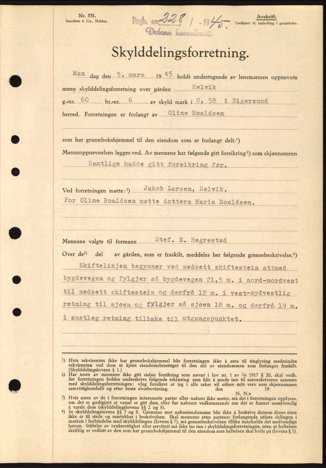 Dalane sorenskriveri, SAST/A-100309/02/G/Gb/L0047: Pantebok nr. A8 I, 1944-1945, Dagboknr: 228/1945