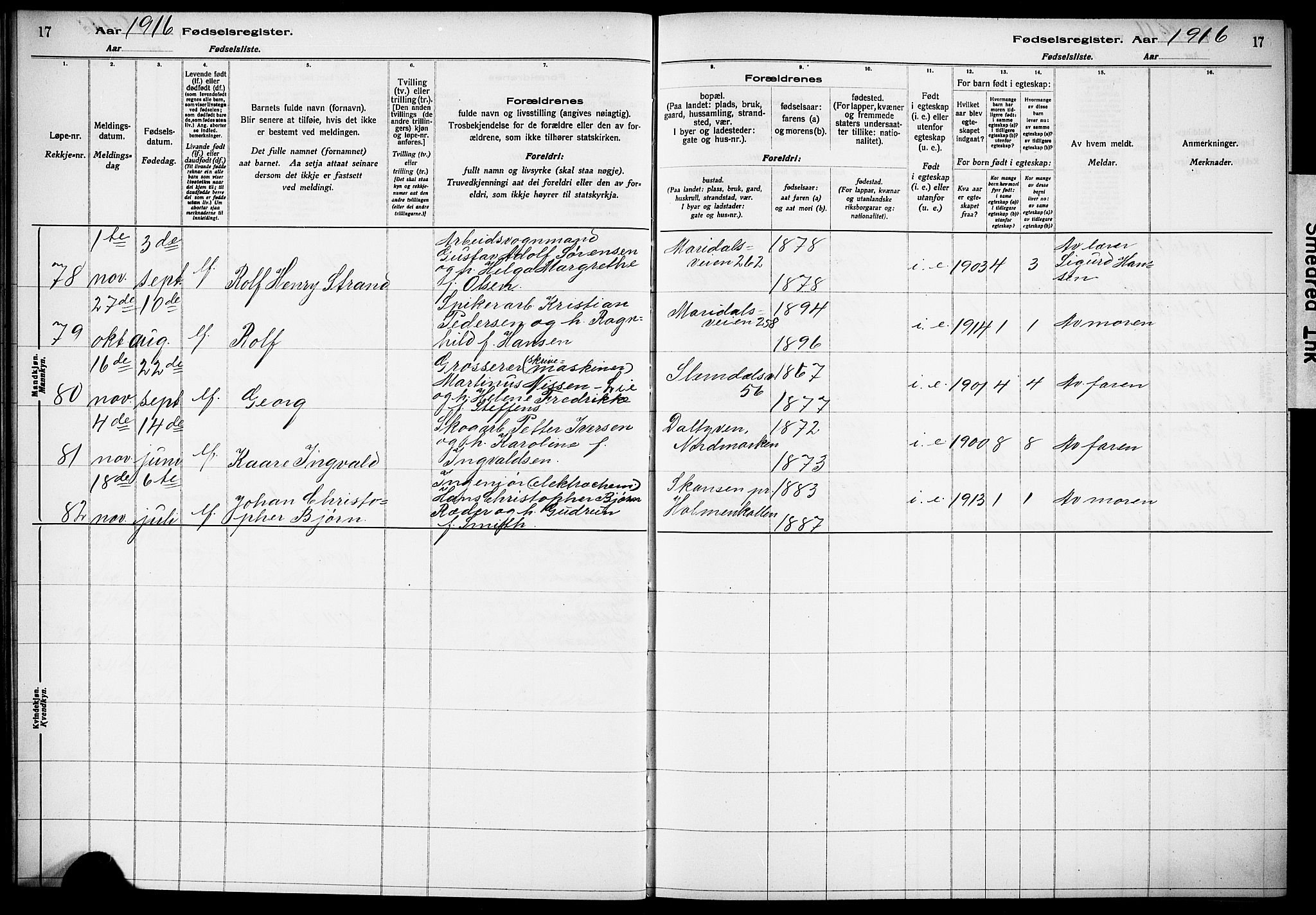 Vestre Aker prestekontor Kirkebøker, AV/SAO-A-10025/J/Ja/L0001: Fødselsregister nr. 1, 1916-1922, s. 17