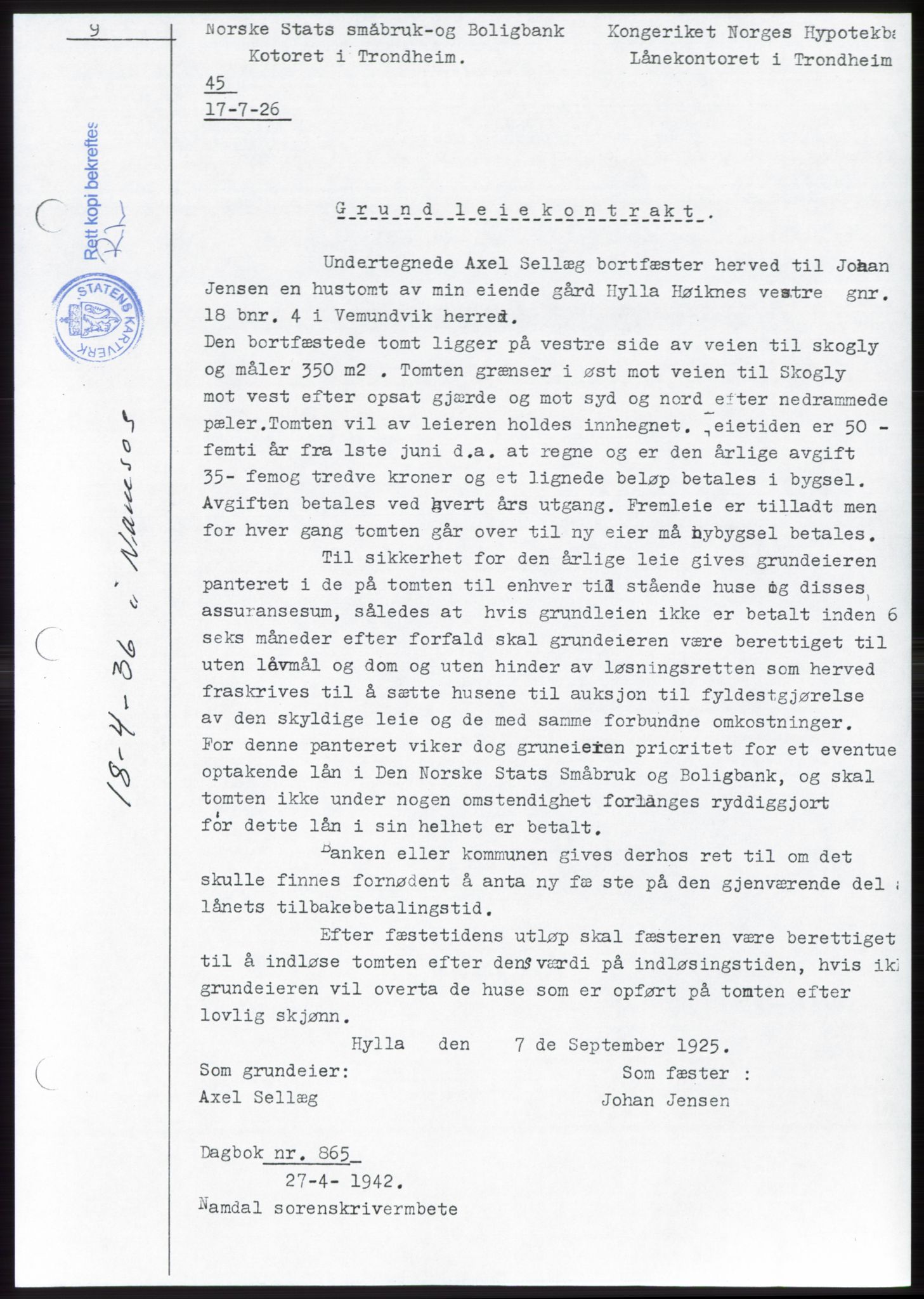Namdal sorenskriveri, SAT/A-4133/1/2/2C: Pantebok nr. -, 1941-1942, Dagboknr: 865/1942