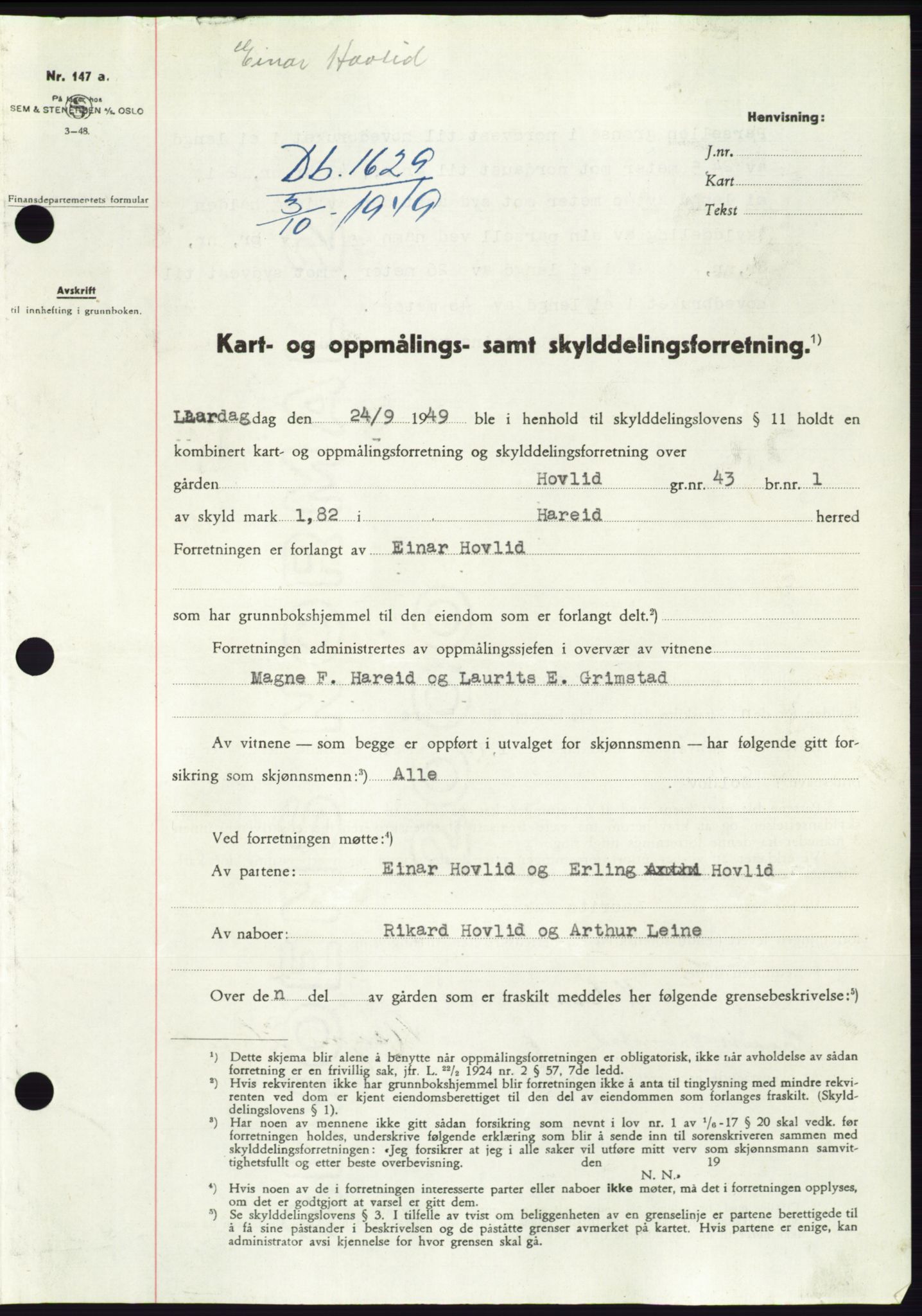 Søre Sunnmøre sorenskriveri, AV/SAT-A-4122/1/2/2C/L0085: Pantebok nr. 11A, 1949-1949, Dagboknr: 1629/1949