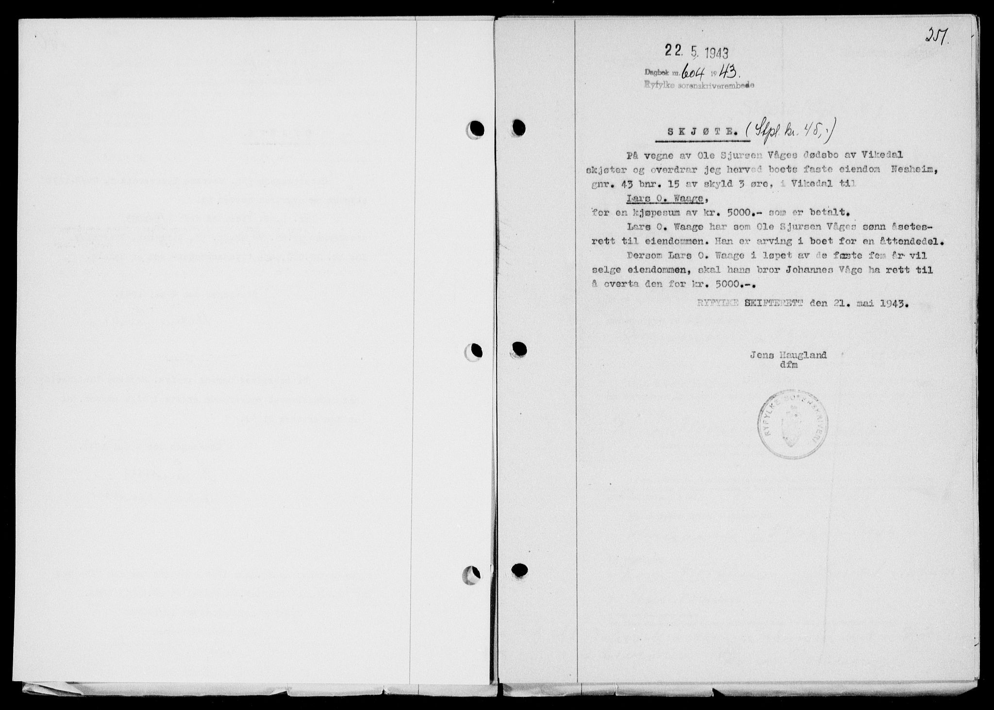 Ryfylke tingrett, SAST/A-100055/001/II/IIB/L0089: Pantebok nr. 68, 1943-1943, Dagboknr: 604/1943