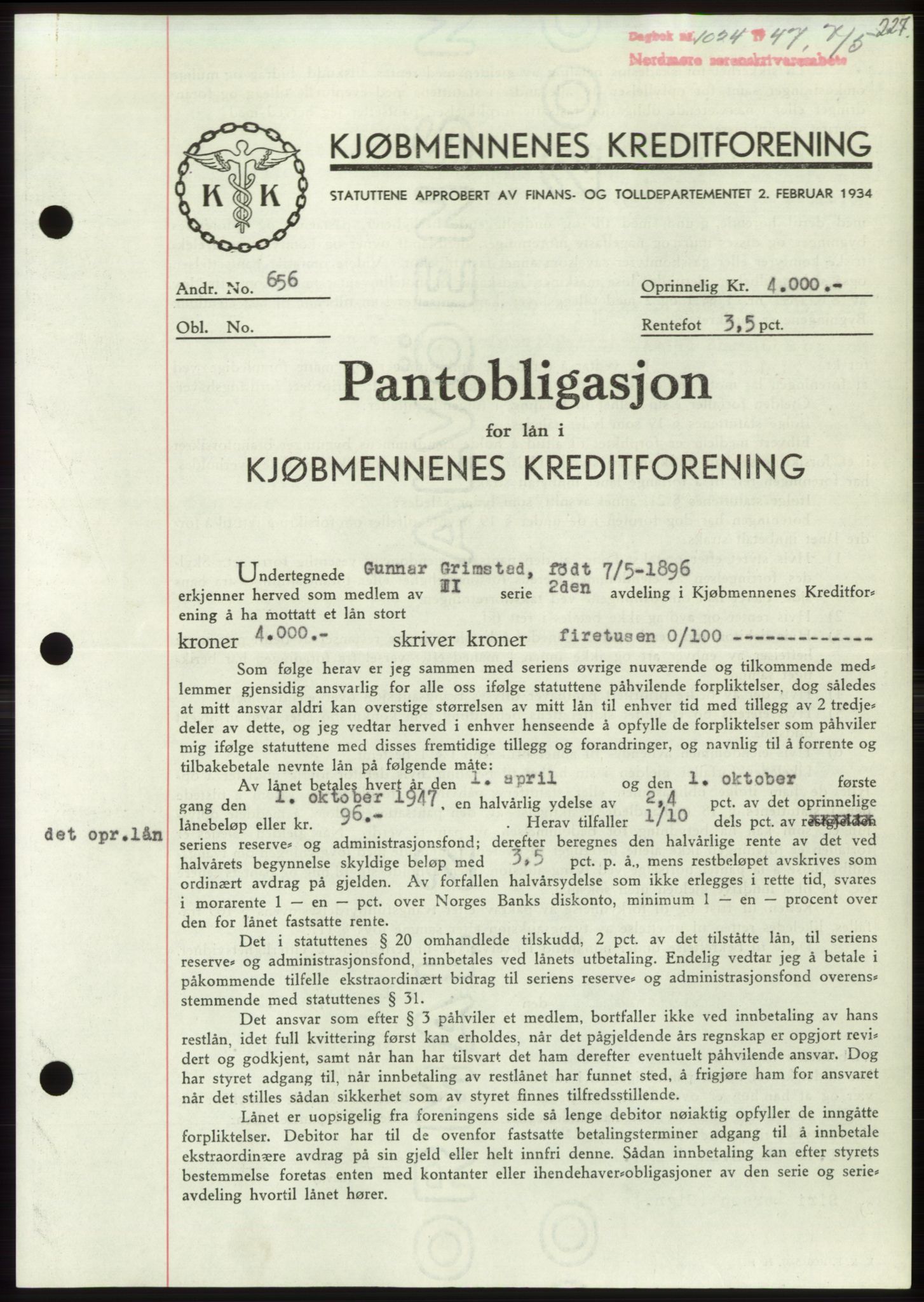 Nordmøre sorenskriveri, SAT/A-4132/1/2/2Ca: Pantebok nr. B96, 1947-1947, Dagboknr: 1024/1947