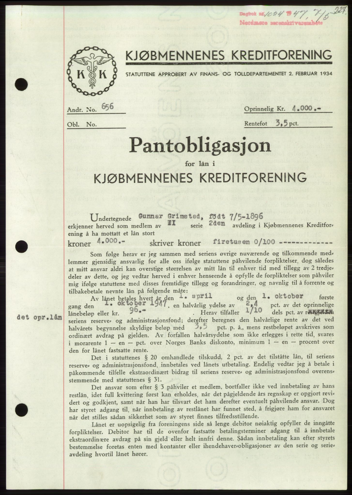 Nordmøre sorenskriveri, AV/SAT-A-4132/1/2/2Ca: Pantebok nr. B96, 1947-1947, Dagboknr: 1024/1947