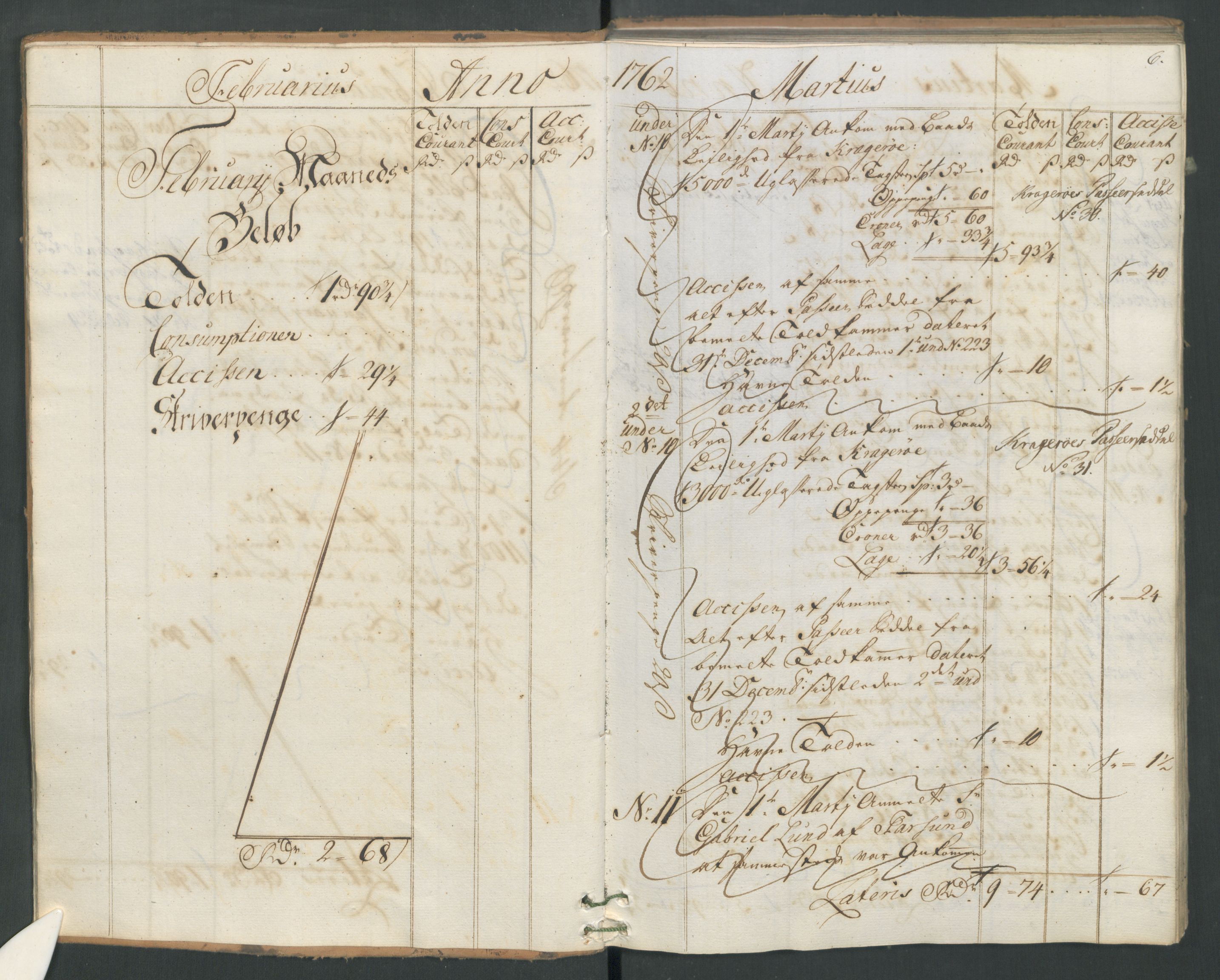 Generaltollkammeret, tollregnskaper, AV/RA-EA-5490/R19/L0021a/0001: Tollregnskaper Flekkefjord / Inngående hovedtollbok, 1762, s. 5b-6a