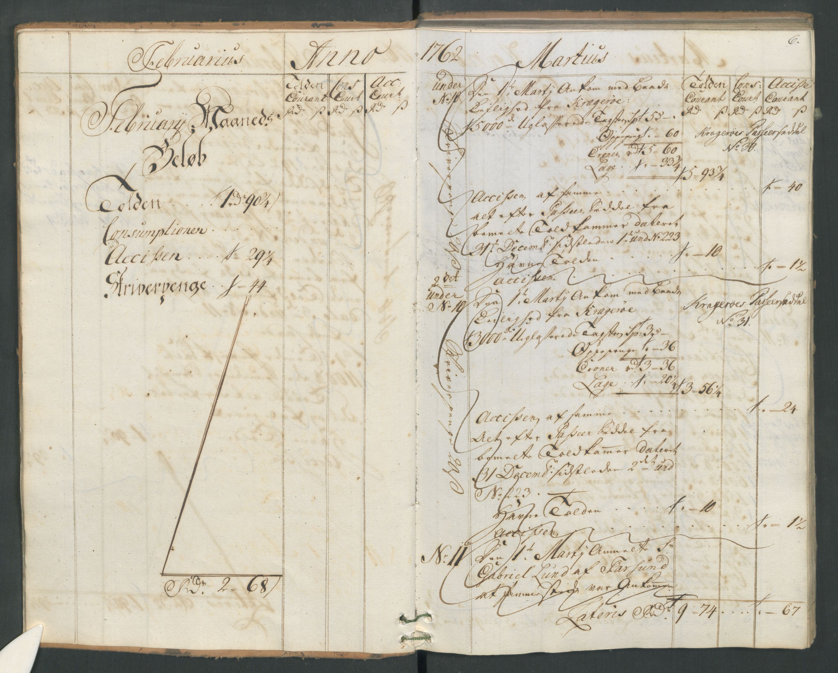 Generaltollkammeret, tollregnskaper, RA/EA-5490/R19/L0021a/0001: Tollregnskaper Flekkefjord / Inngående hovedtollbok, 1762, s. 5b-6a