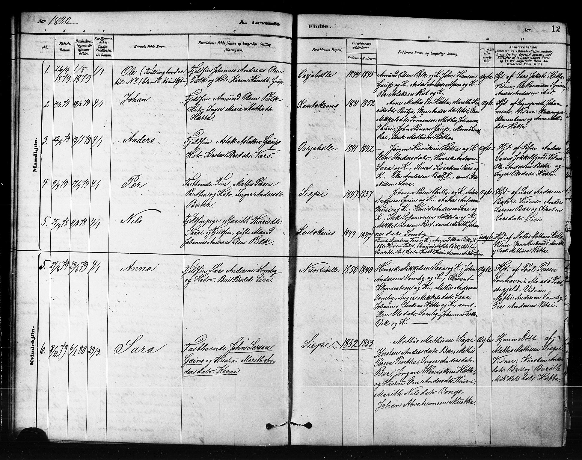 Kautokeino sokneprestembete, AV/SATØ-S-1340/H/Hb/L0002.klokk: Klokkerbok nr. 2, 1877-1896, s. 12