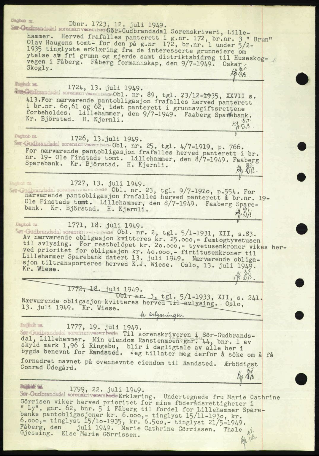 Sør-Gudbrandsdal tingrett, SAH/TING-004/H/Hb/Hbf/L0004: Pantebok nr. C5b, 1945-1951, Dagboknr: 1723/1949