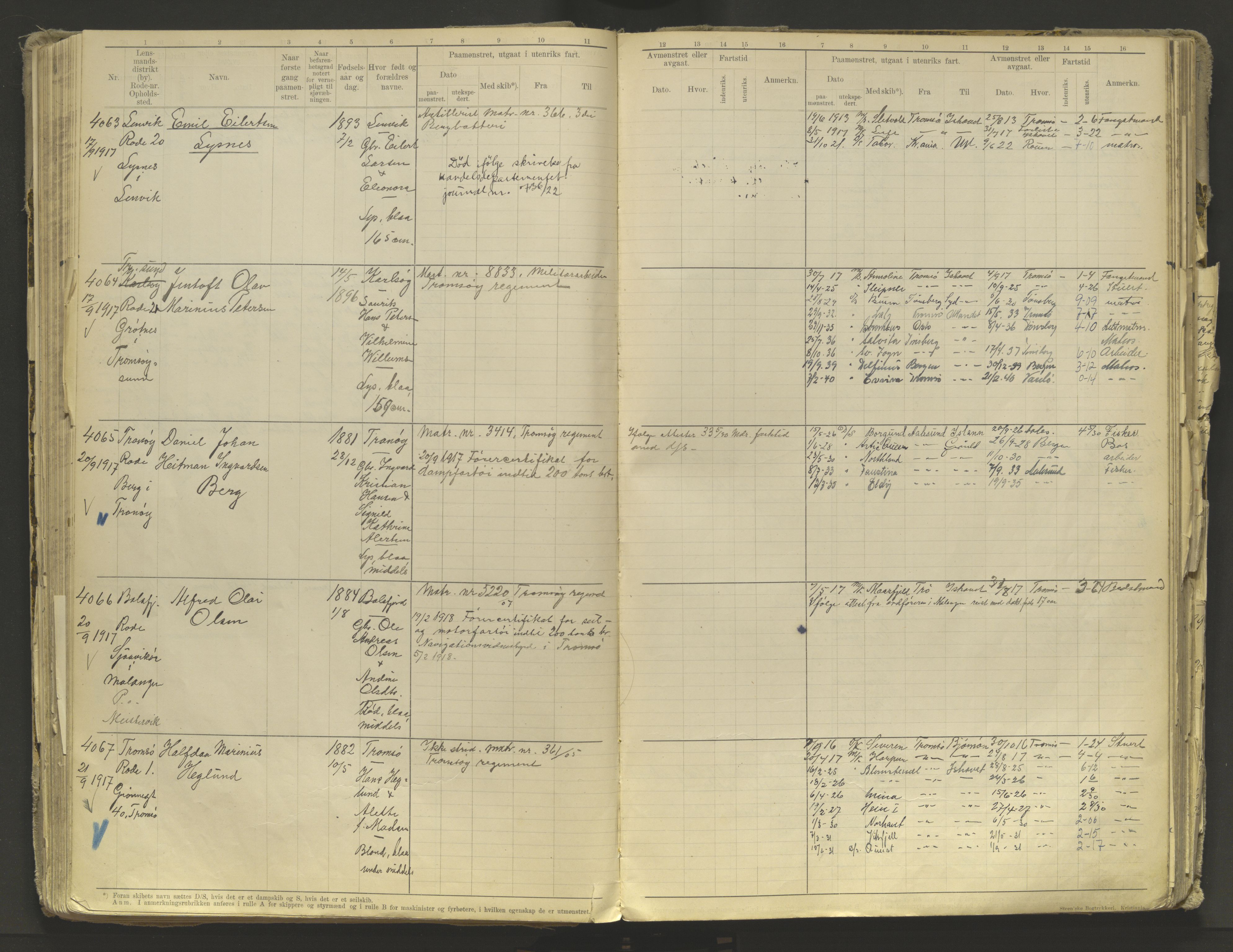 Tromsø sjømannskontor/innrullerings-/mønstringsdistrikt, AV/SATØ-S-0243/F/Fb/L0010: Annotasjonsrulle. Defekt: løs innbinding. Nr. 3519-4972, 1916-1920