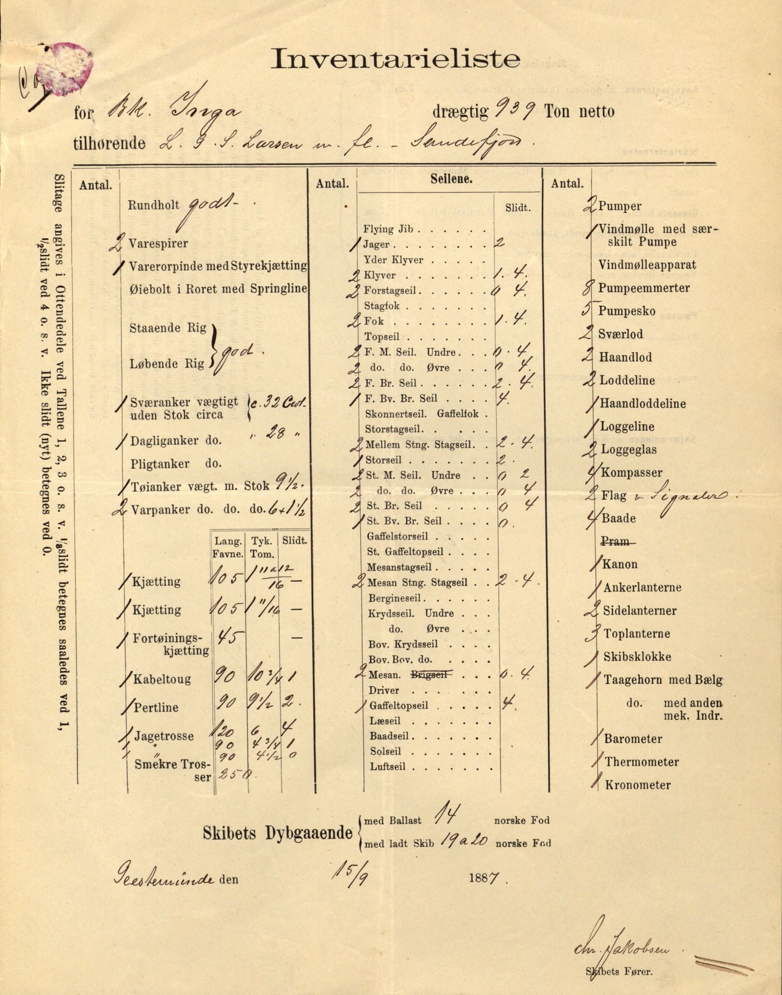 Pa 63 - Østlandske skibsassuranceforening, VEMU/A-1079/G/Ga/L0021/0003: Havaridokumenter / Inga av Drammen, Inga av Sandefjord, Primula, 1888-1889, s. 32
