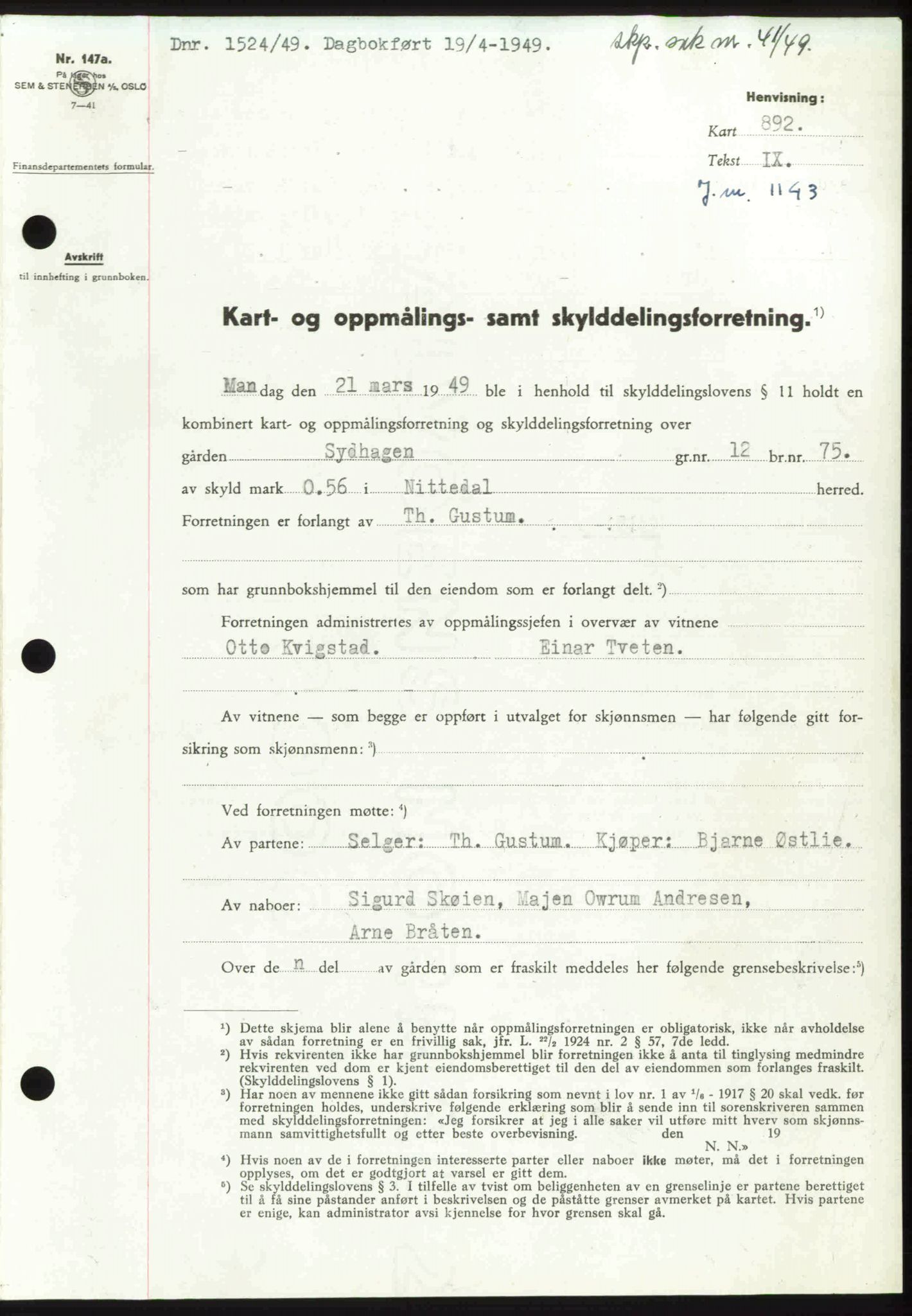 Nedre Romerike sorenskriveri, SAO/A-10469/G/Gb/Gbd/L0025: Pantebok nr. 25, 1949-1949, Dagboknr: 1524/1949