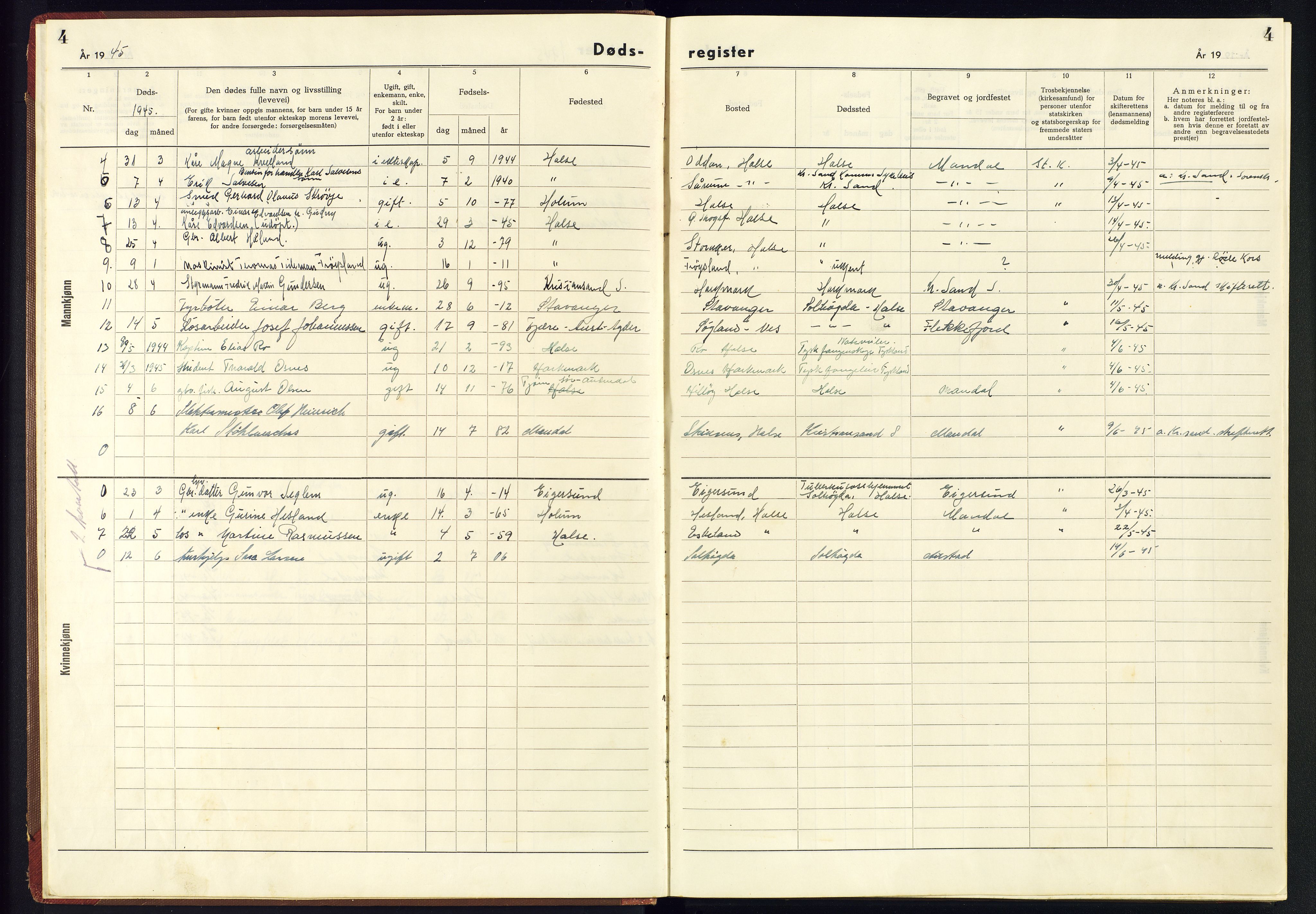 Mandal sokneprestkontor, SAK/1111-0030/J/Je/L0006: Dødsfallsregister Halse og Harkmark, 1943-1945, s. 4