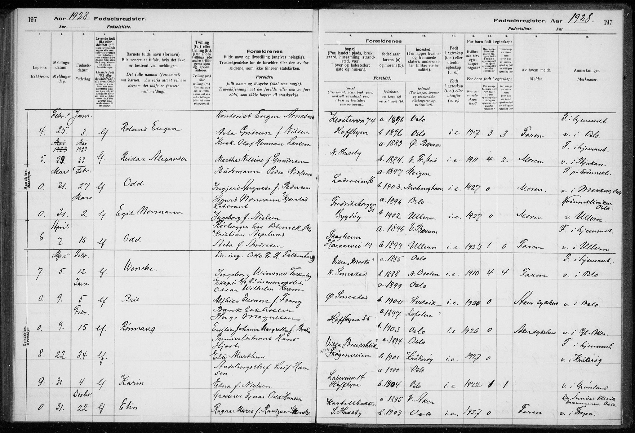 Ullern prestekontor Kirkebøker, AV/SAO-A-10740/J/L0001: Fødselsregister nr. 1, 1916-1928, s. 197