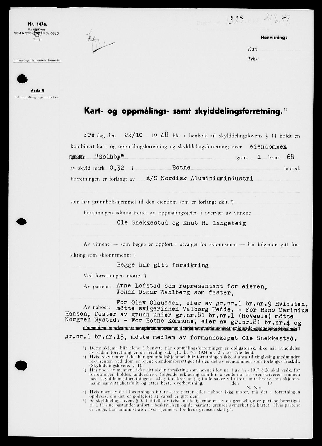 Holmestrand sorenskriveri, SAKO/A-67/G/Ga/Gaa/L0066: Pantebok nr. A-66, 1949-1949, Dagboknr: 1328/1949