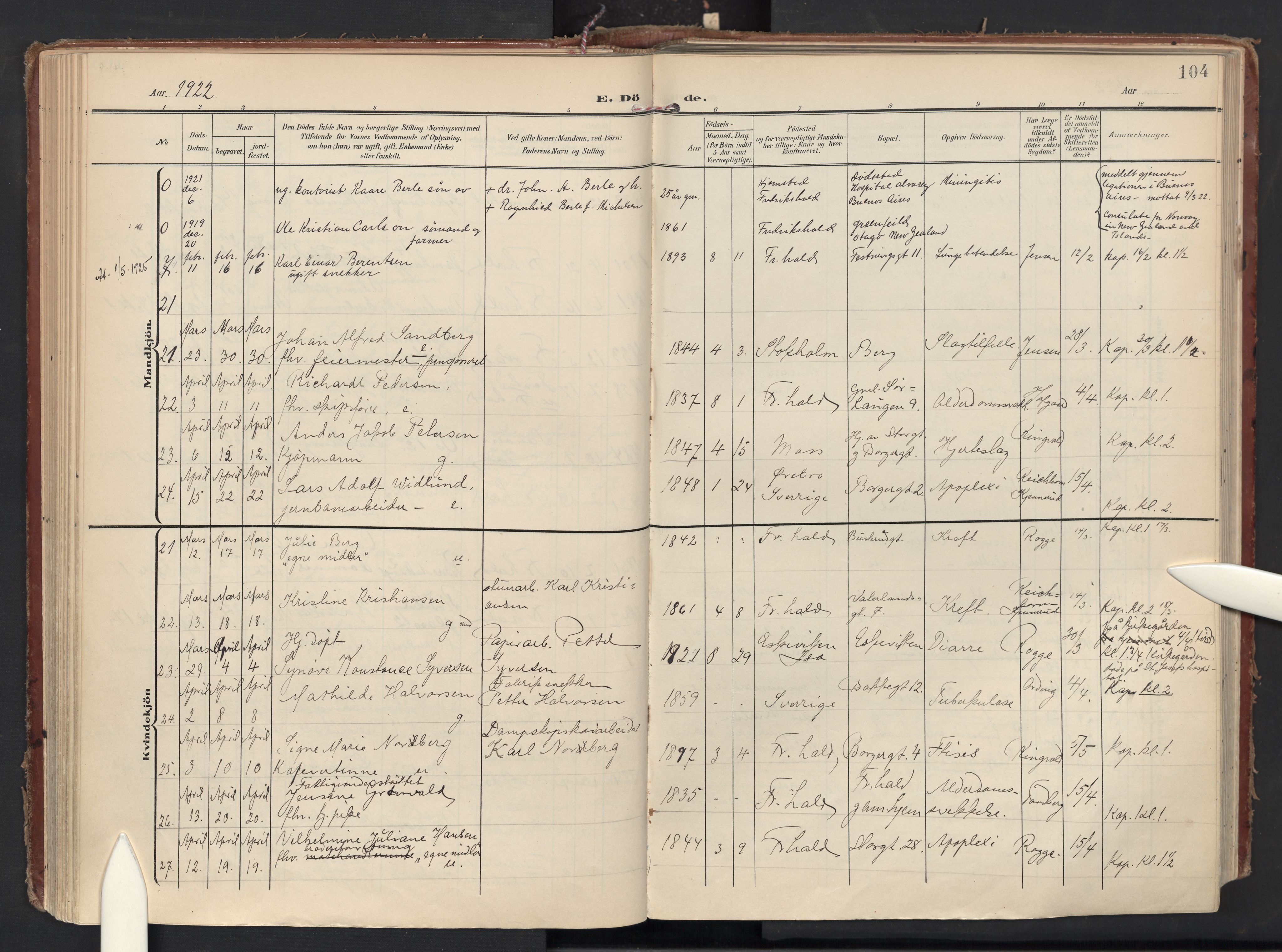 Halden prestekontor Kirkebøker, AV/SAO-A-10909/F/Fa/L0016: Ministerialbok nr. I 16, 1907-1925, s. 104