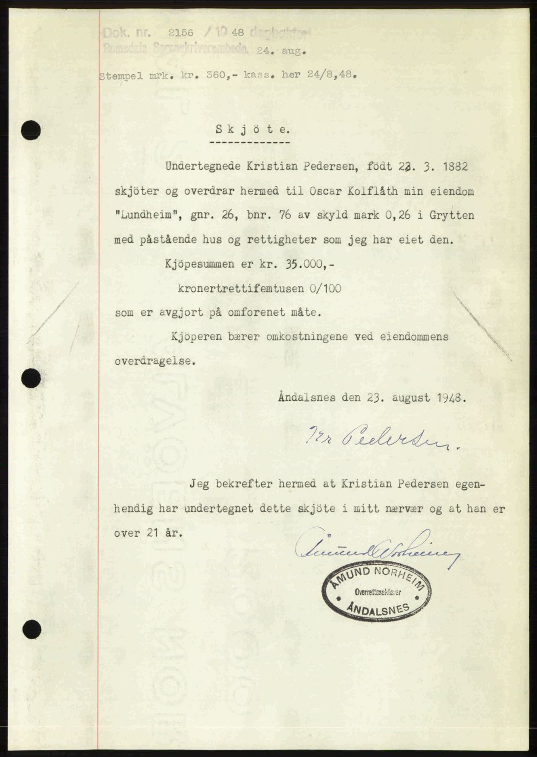 Romsdal sorenskriveri, SAT/A-4149/1/2/2C: Pantebok nr. A27, 1948-1948, Dagboknr: 2156/1948