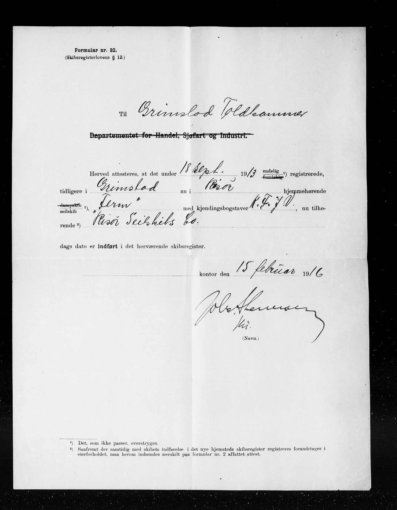 Grimstad tollsted, SAK/1351-0006/H/Ha/L0205: Målebrev, 1913-1916, s. 3