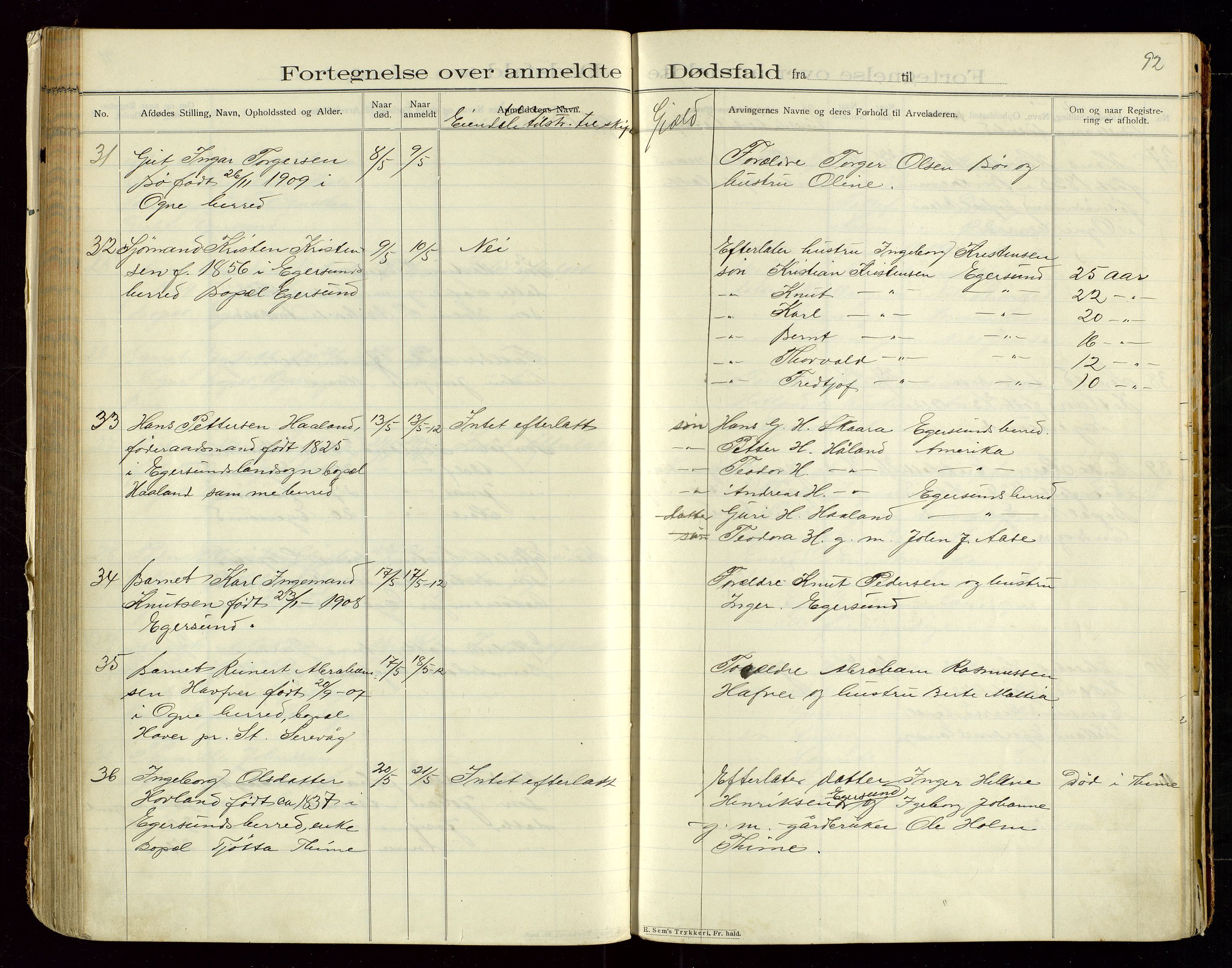 Eigersund lensmannskontor, AV/SAST-A-100171/Gga/L0005: "Dødsfalds-Protokol" m/alfabetisk navneregister, 1905-1913, s. 92