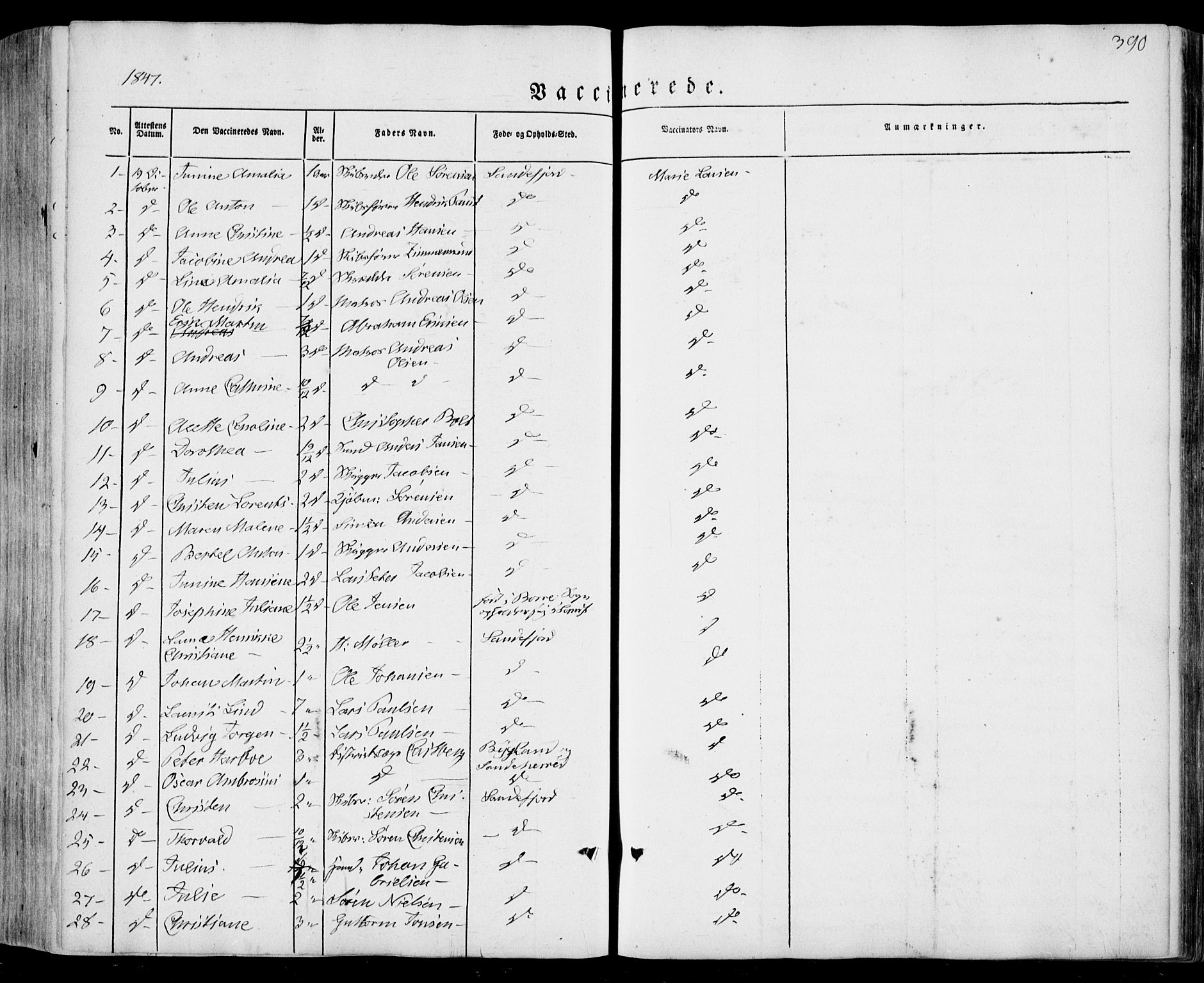Sandar kirkebøker, AV/SAKO-A-243/F/Fa/L0006: Ministerialbok nr. 6, 1847-1860, s. 390