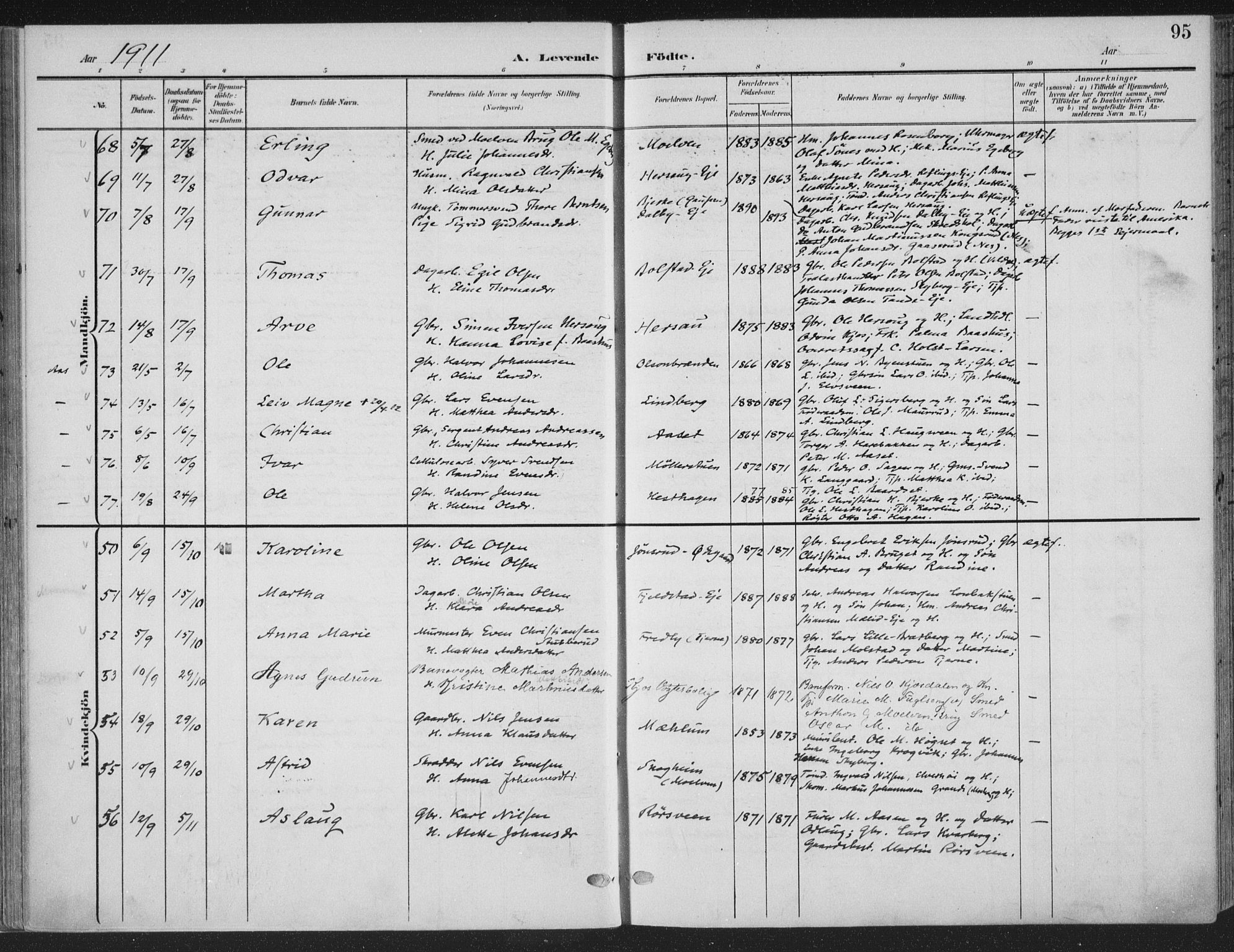 Ringsaker prestekontor, AV/SAH-PREST-014/K/Ka/L0018: Ministerialbok nr. 18, 1903-1912, s. 95