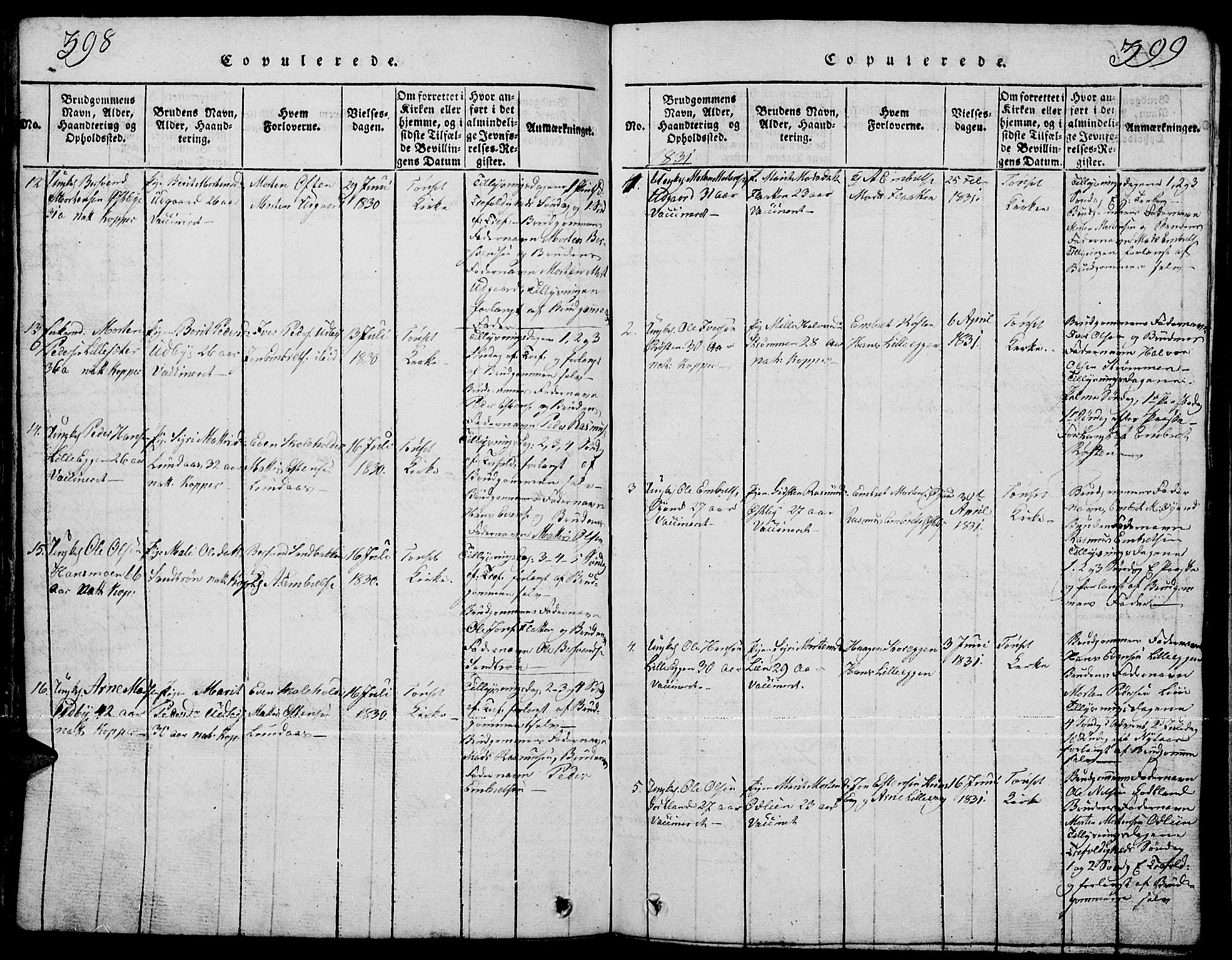 Tynset prestekontor, SAH/PREST-058/H/Ha/Hab/L0001: Klokkerbok nr. 1, 1814-1859, s. 398-399