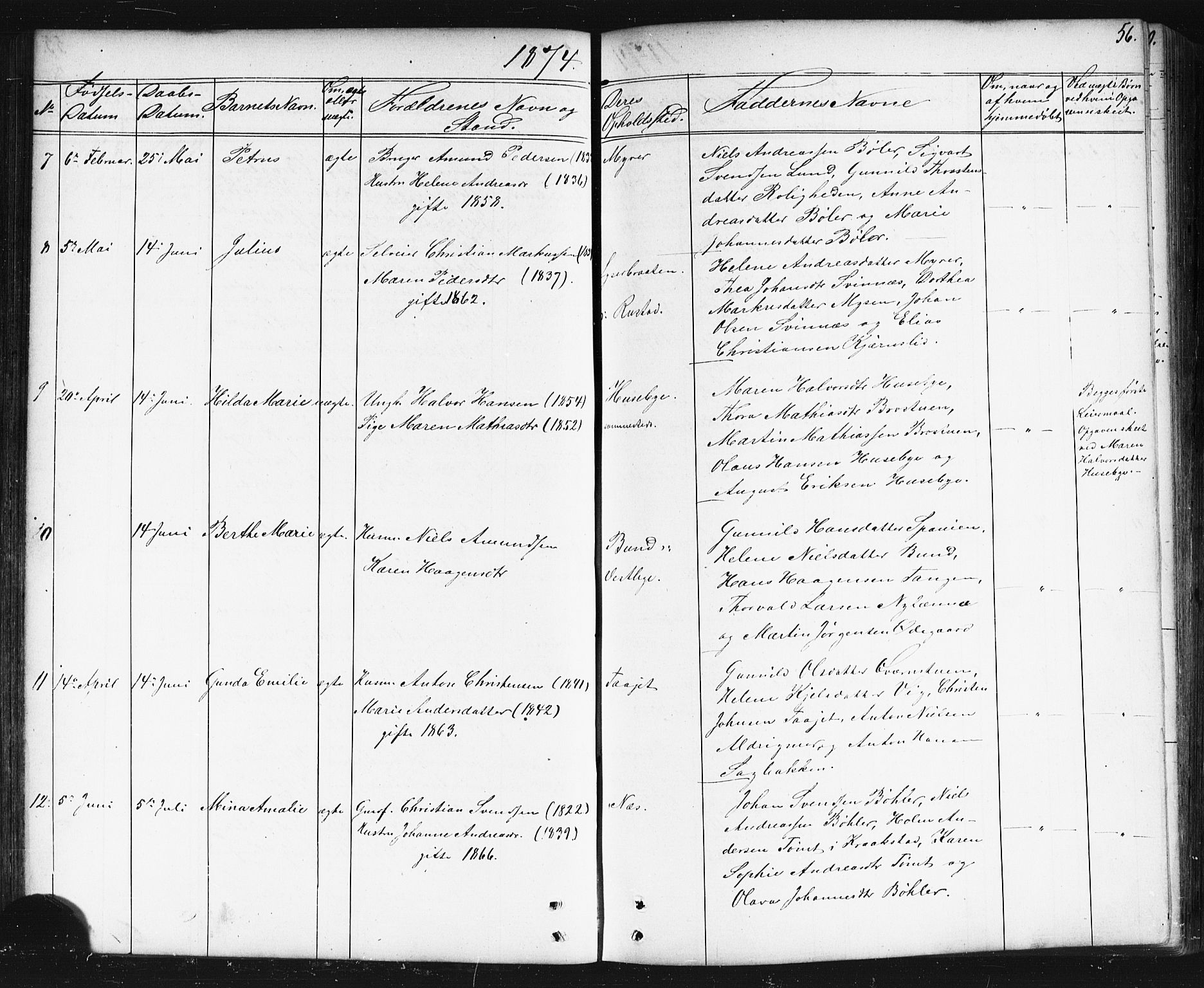 Enebakk prestekontor Kirkebøker, AV/SAO-A-10171c/G/Gb/L0001: Klokkerbok nr. II 1, 1859-1890, s. 56