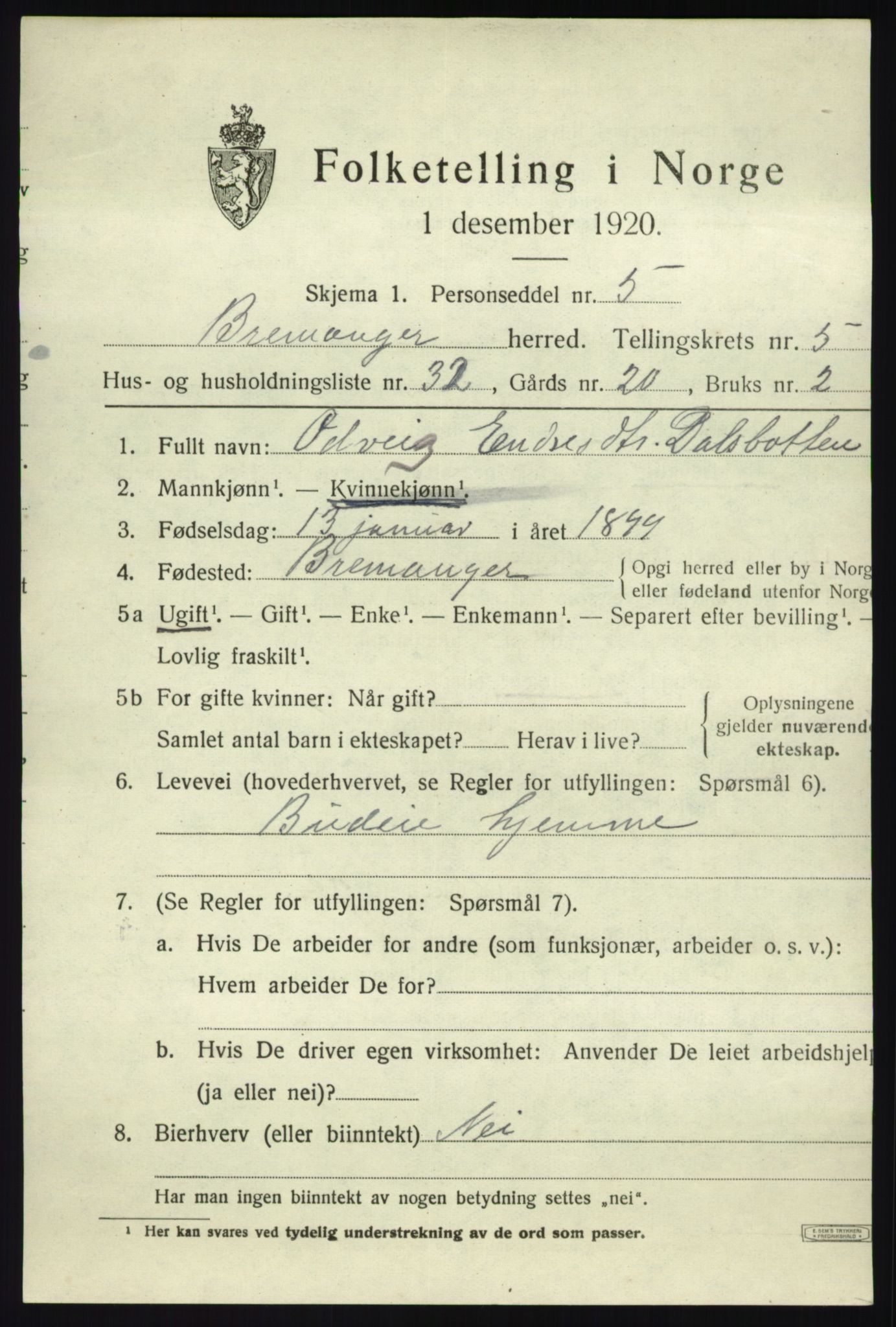 SAB, Folketelling 1920 for 1438 Bremanger herred, 1920, s. 3992