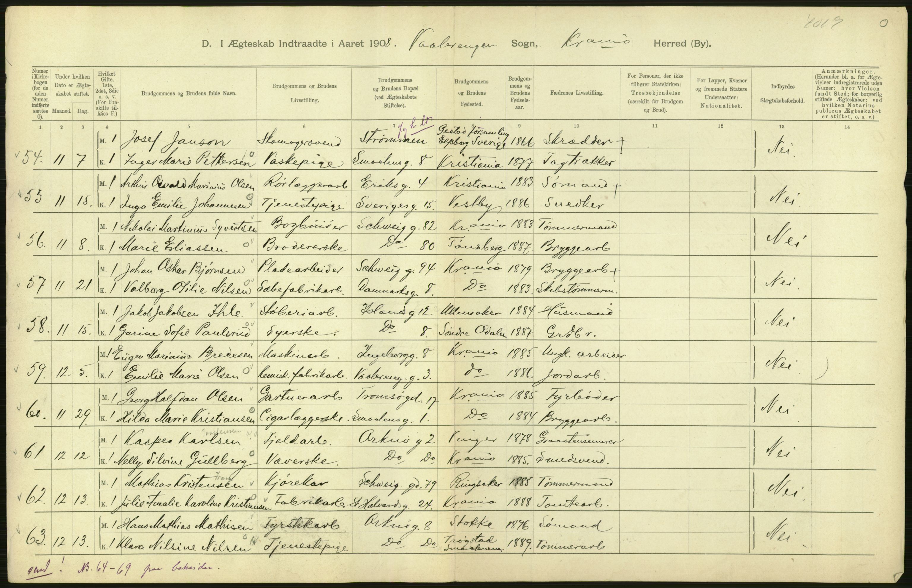 Statistisk sentralbyrå, Sosiodemografiske emner, Befolkning, AV/RA-S-2228/D/Df/Dfa/Dfaf/L0007: Kristiania: Gifte, 1908, s. 594