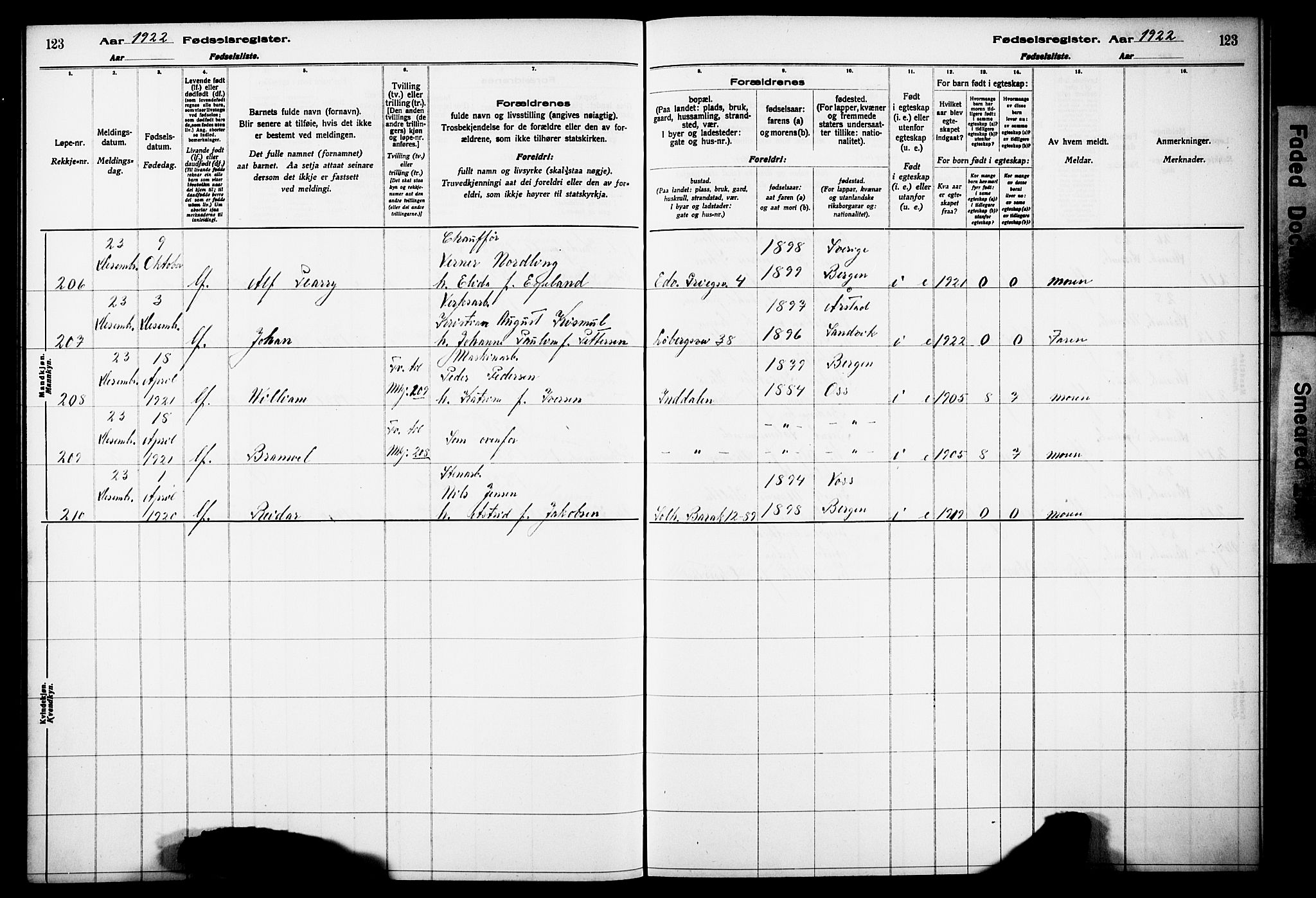 Årstad Sokneprestembete, AV/SAB-A-79301/I/Id/L0A02: Fødselsregister nr. A 2, 1920-1924, s. 123