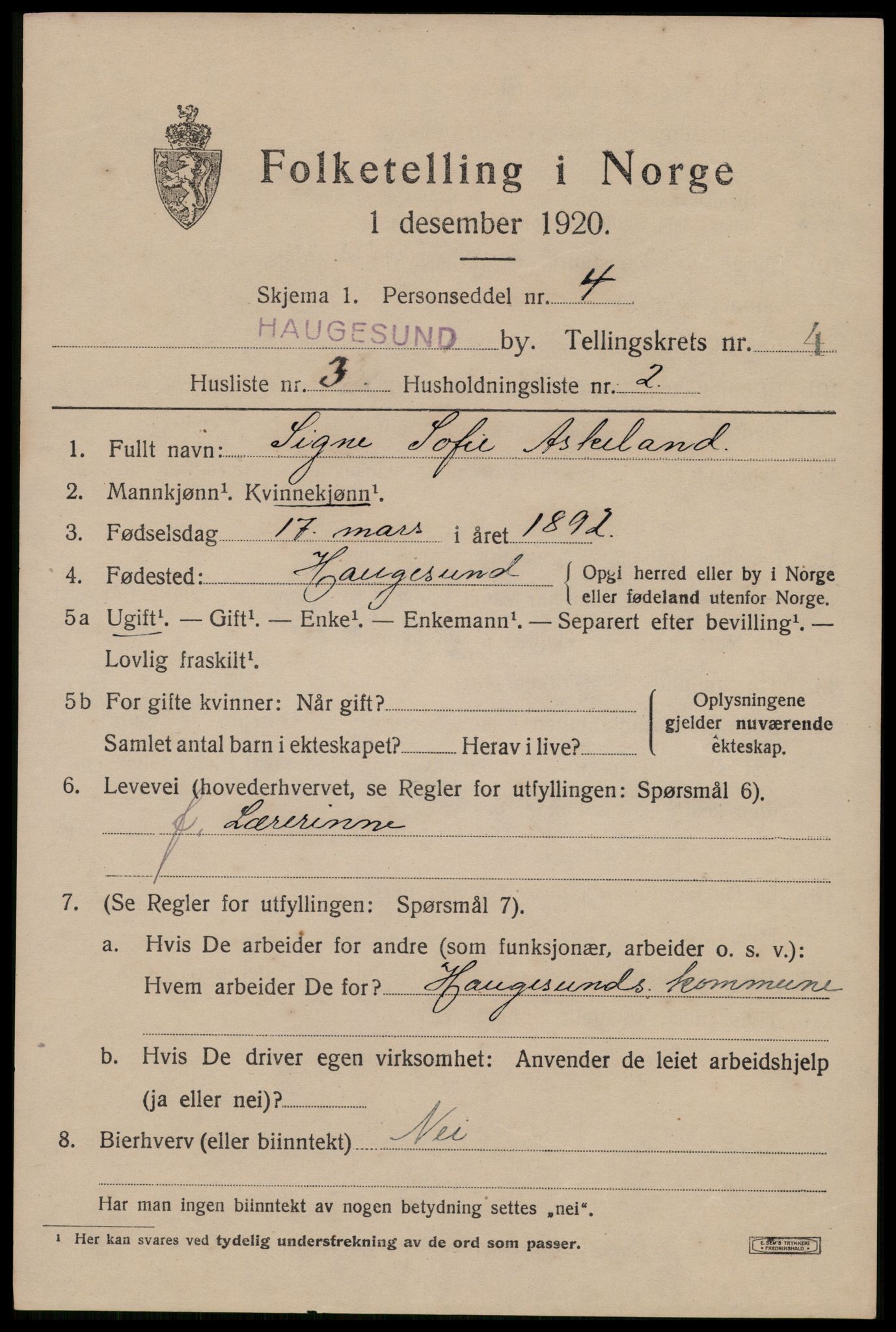 SAST, Folketelling 1920 for 1106 Haugesund kjøpstad, 1920, s. 15263