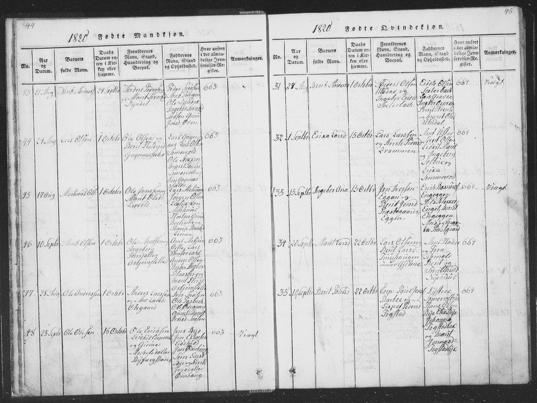 Ministerialprotokoller, klokkerbøker og fødselsregistre - Sør-Trøndelag, SAT/A-1456/668/L0816: Klokkerbok nr. 668C05, 1816-1893, s. 44-45