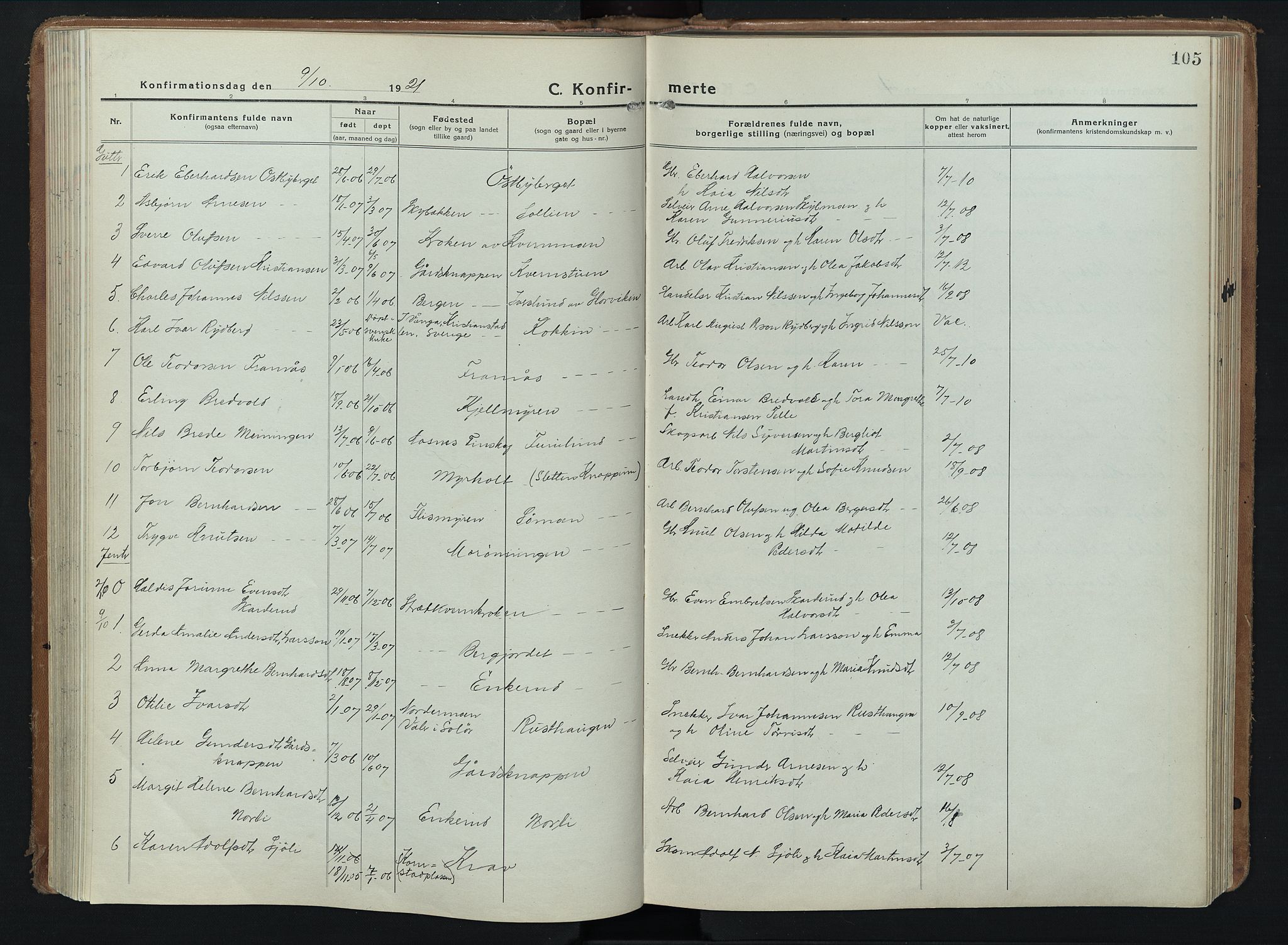 Åsnes prestekontor, AV/SAH-PREST-042/H/Ha/Hab/L0012: Klokkerbok nr. 12, 1921-1942, s. 105