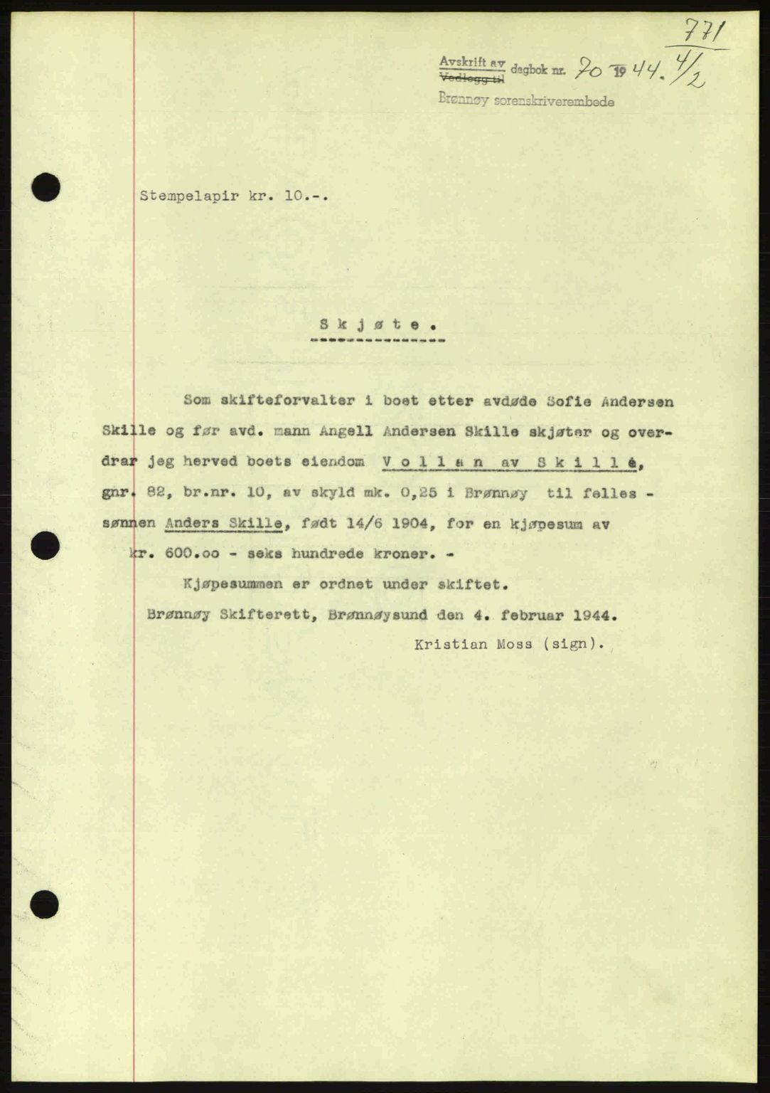 Brønnøy sorenskriveri, SAT/A-4170/1/2/2C: Pantebok nr. 23, 1943-1944, Dagboknr: 70/1944