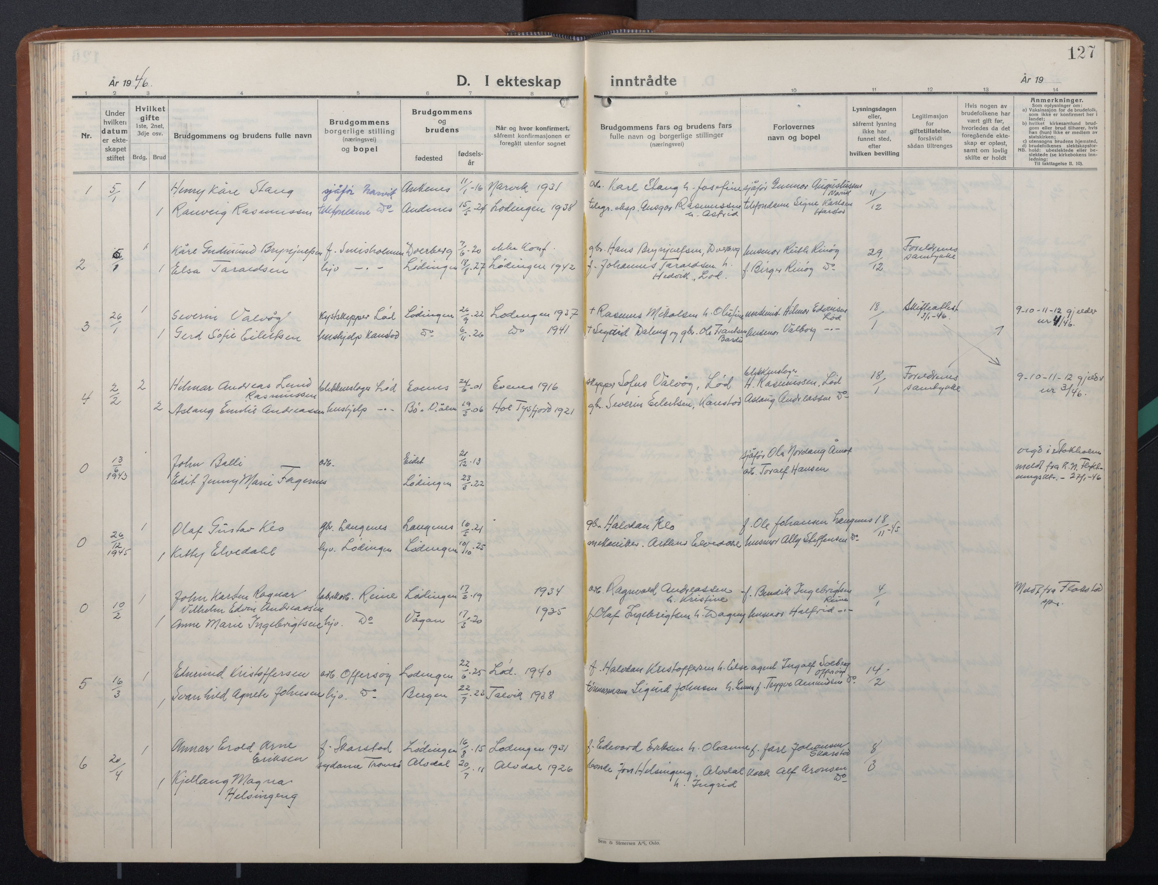 Ministerialprotokoller, klokkerbøker og fødselsregistre - Nordland, SAT/A-1459/872/L1051: Klokkerbok nr. 872C07, 1939-1947, s. 127