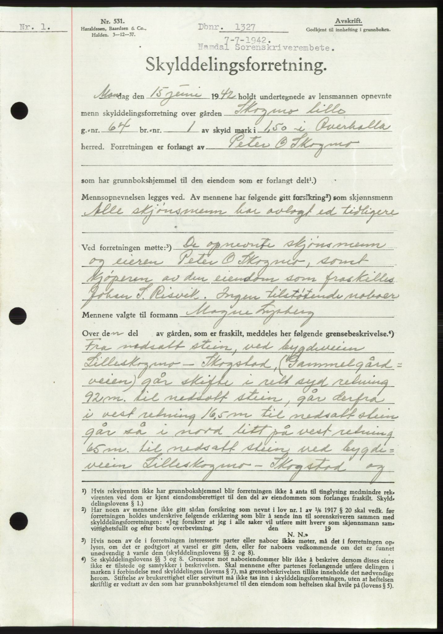Namdal sorenskriveri, SAT/A-4133/1/2/2C: Pantebok nr. -, 1942-1943, Dagboknr: 1327/1942