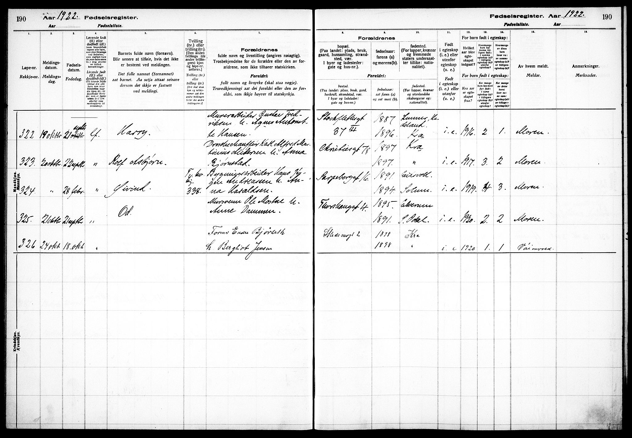 Sagene prestekontor Kirkebøker, AV/SAO-A-10796/J/L0002: Fødselsregister nr. 2, 1920-1922, s. 190