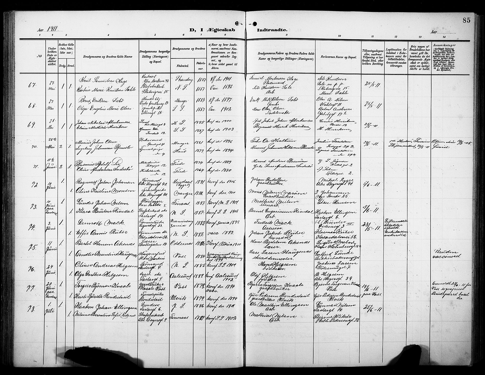 Sandviken Sokneprestembete, AV/SAB-A-77601/H/Hb/L0014: Klokkerbok nr. D 1, 1902-1929, s. 85