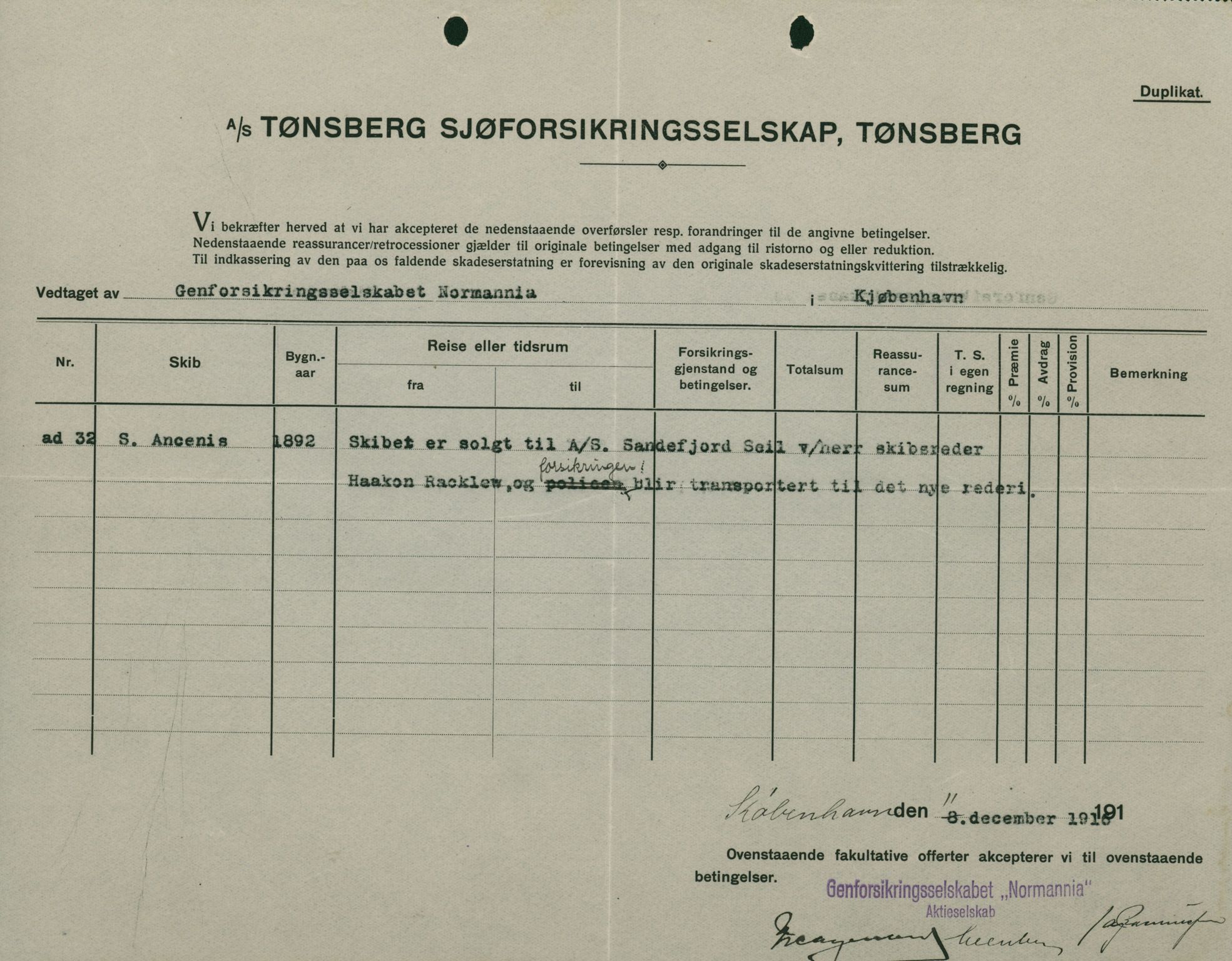 Pa 664 - Tønsberg Sjøforsikringsselskap, VEMU/A-1773/F/L0001: Forsikringspoliser, 1915-1918