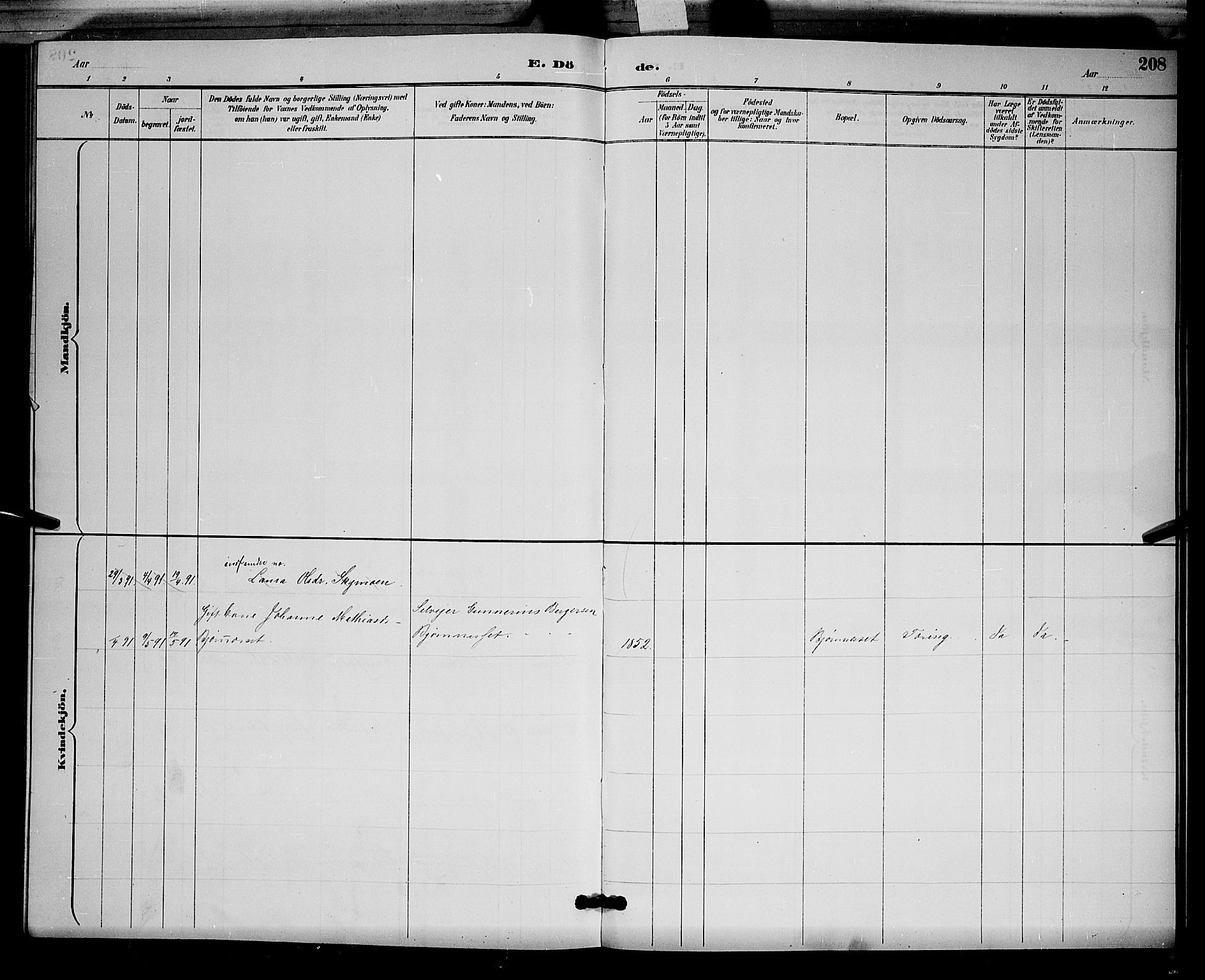 Åsnes prestekontor, AV/SAH-PREST-042/H/Ha/Hab/L0002: Klokkerbok nr. 2, 1890-1891, s. 208