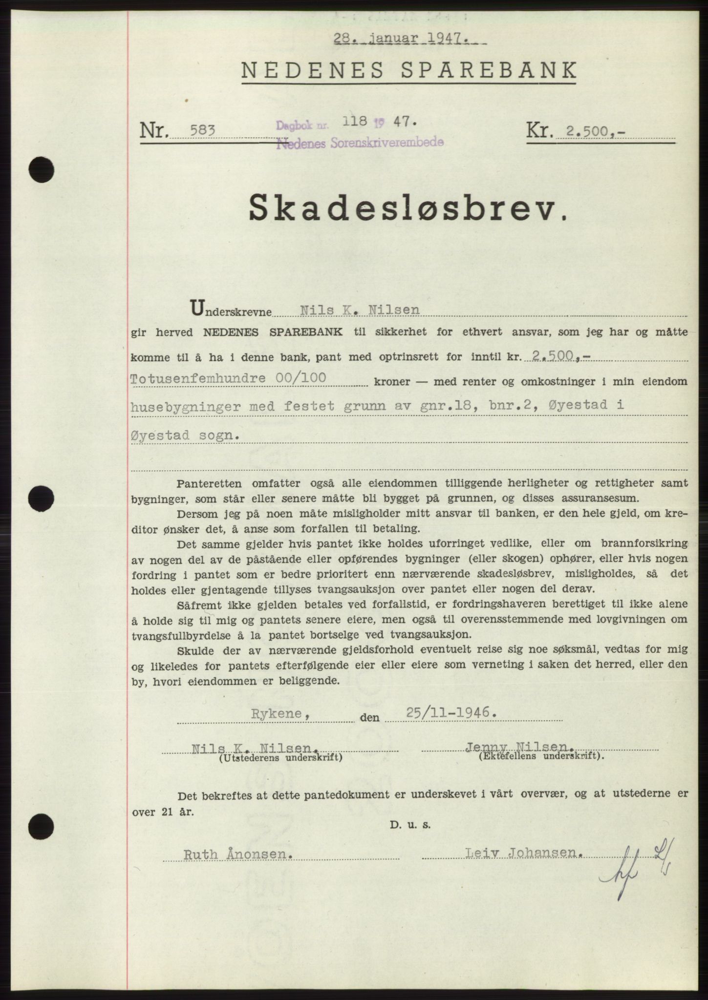 Nedenes sorenskriveri, SAK/1221-0006/G/Gb/Gbb/L0004: Pantebok nr. B4, 1947-1947, Dagboknr: 118/1947