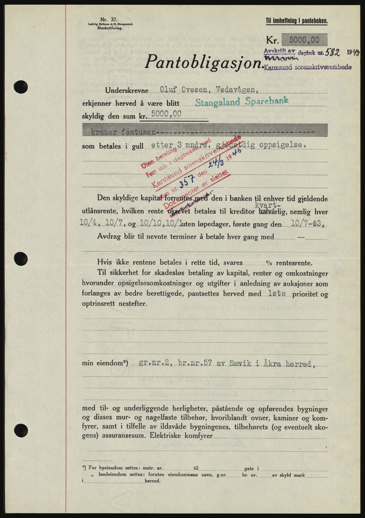 Karmsund sorenskriveri, SAST/A-100311/01/II/IIBBE/L0008: Pantebok nr. B 54, 1942-1943, Dagboknr: 582/1943