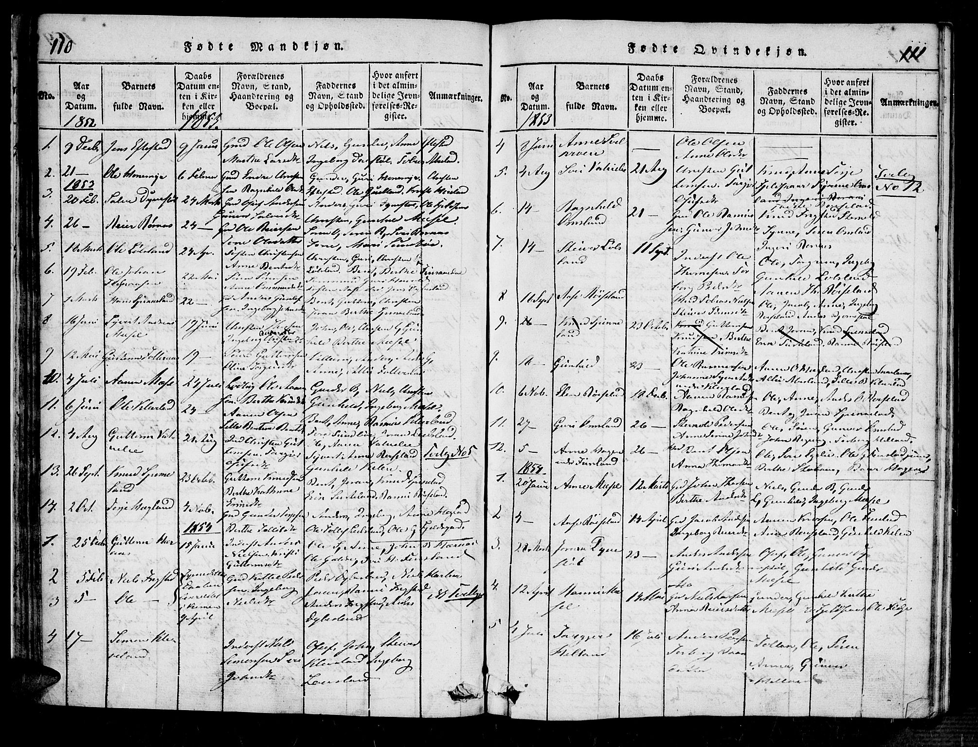Bjelland sokneprestkontor, SAK/1111-0005/F/Fa/Fab/L0002: Ministerialbok nr. A 2, 1816-1869, s. 110-111