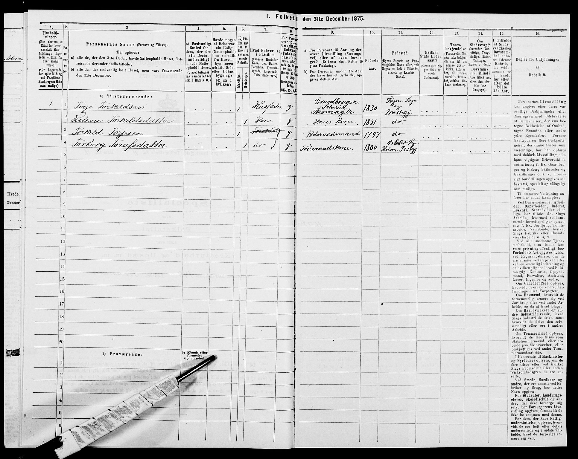 SAK, Folketelling 1875 for 1018P Søgne prestegjeld, 1875, s. 854