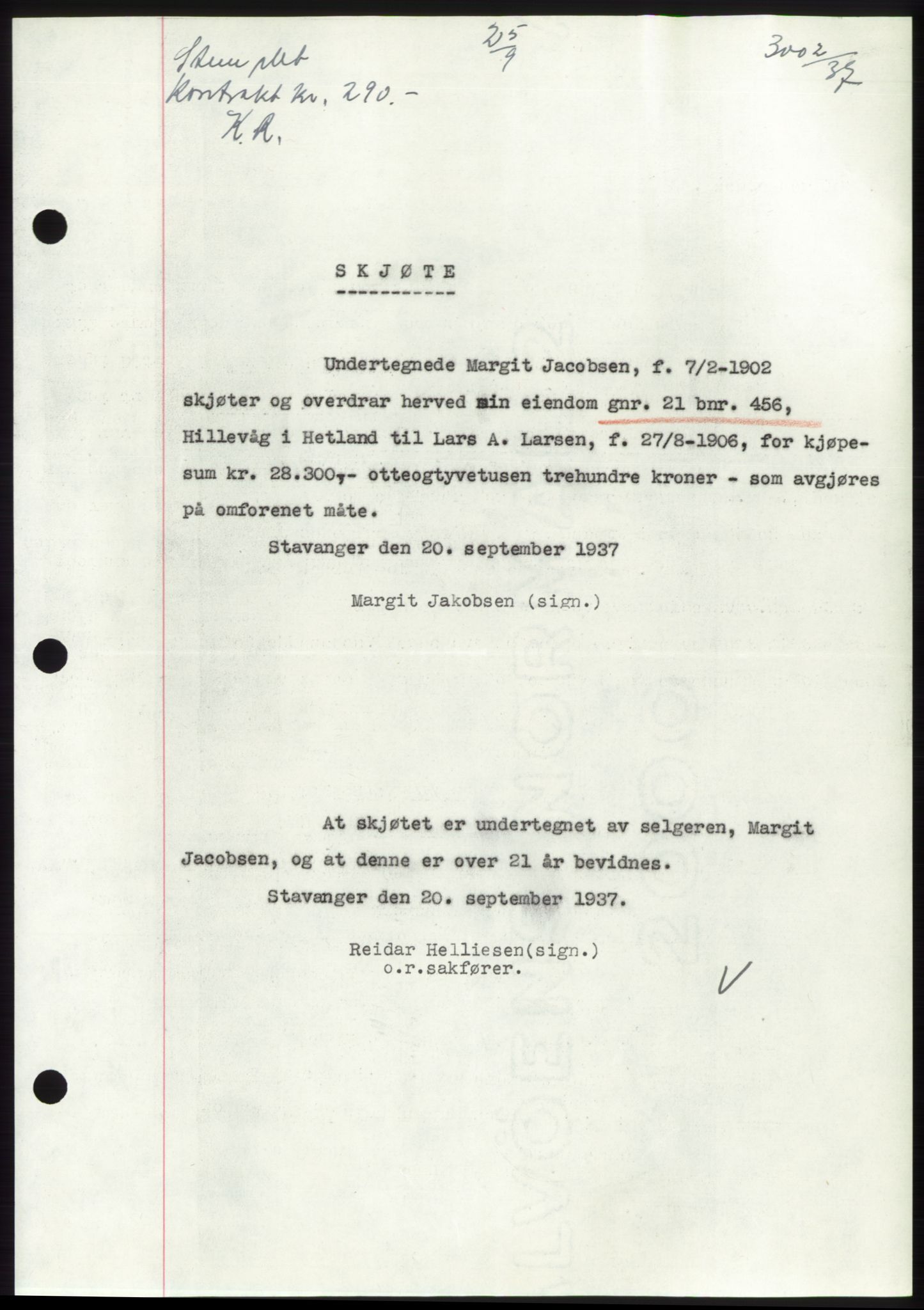 Jæren sorenskriveri, SAST/A-100310/03/G/Gba/L0069: Pantebok, 1937-1937, Dagboknr: 3002/1937