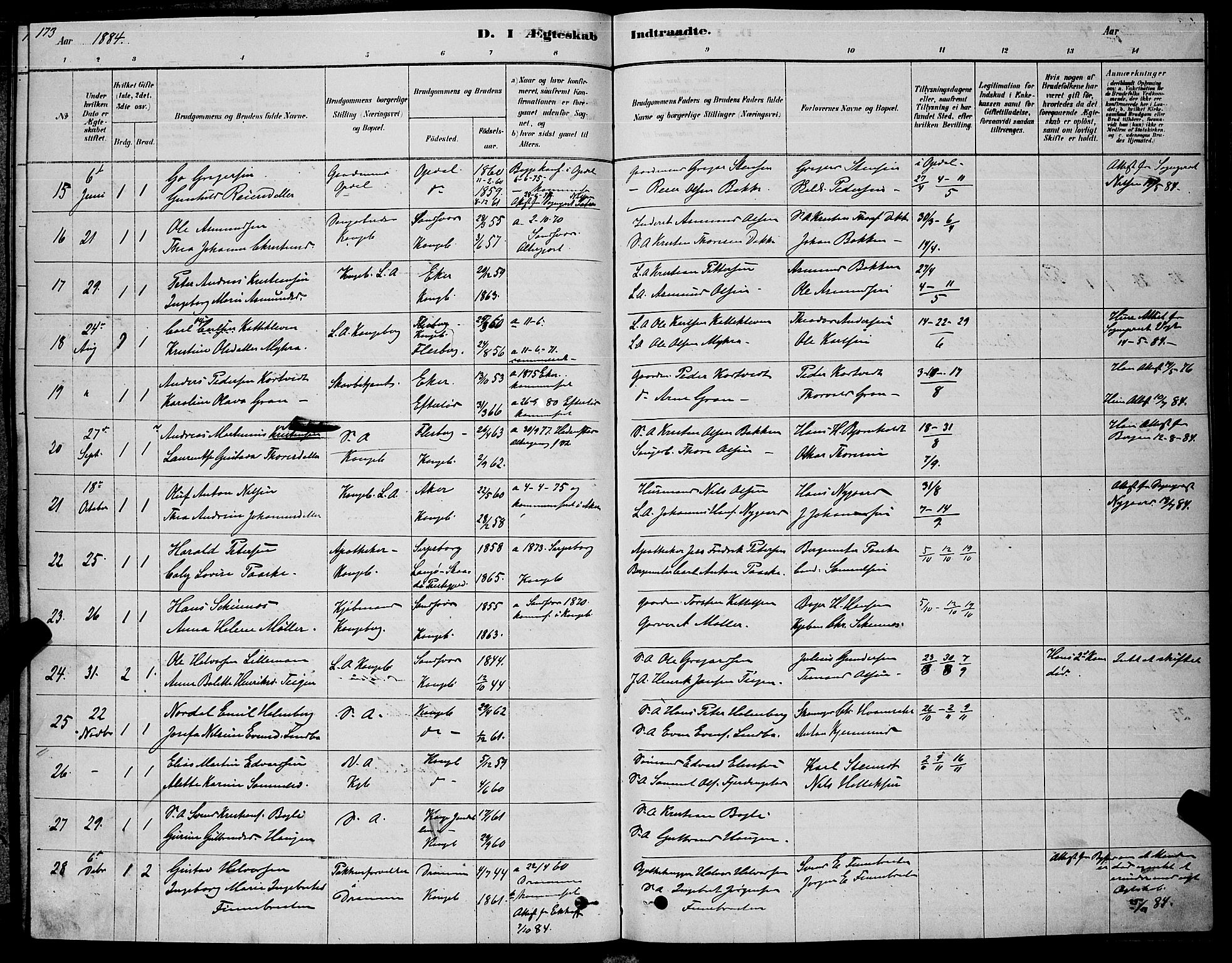 Kongsberg kirkebøker, AV/SAKO-A-22/G/Ga/L0005: Klokkerbok nr. 5, 1878-1889, s. 173