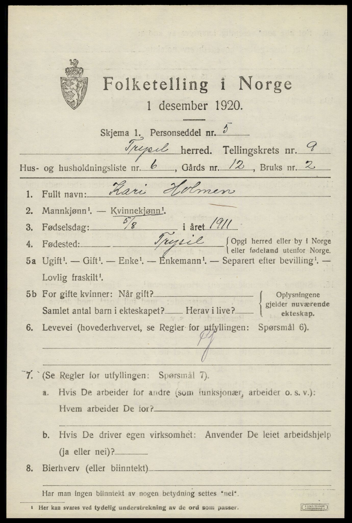 SAH, Folketelling 1920 for 0428 Trysil herred, 1920, s. 6619