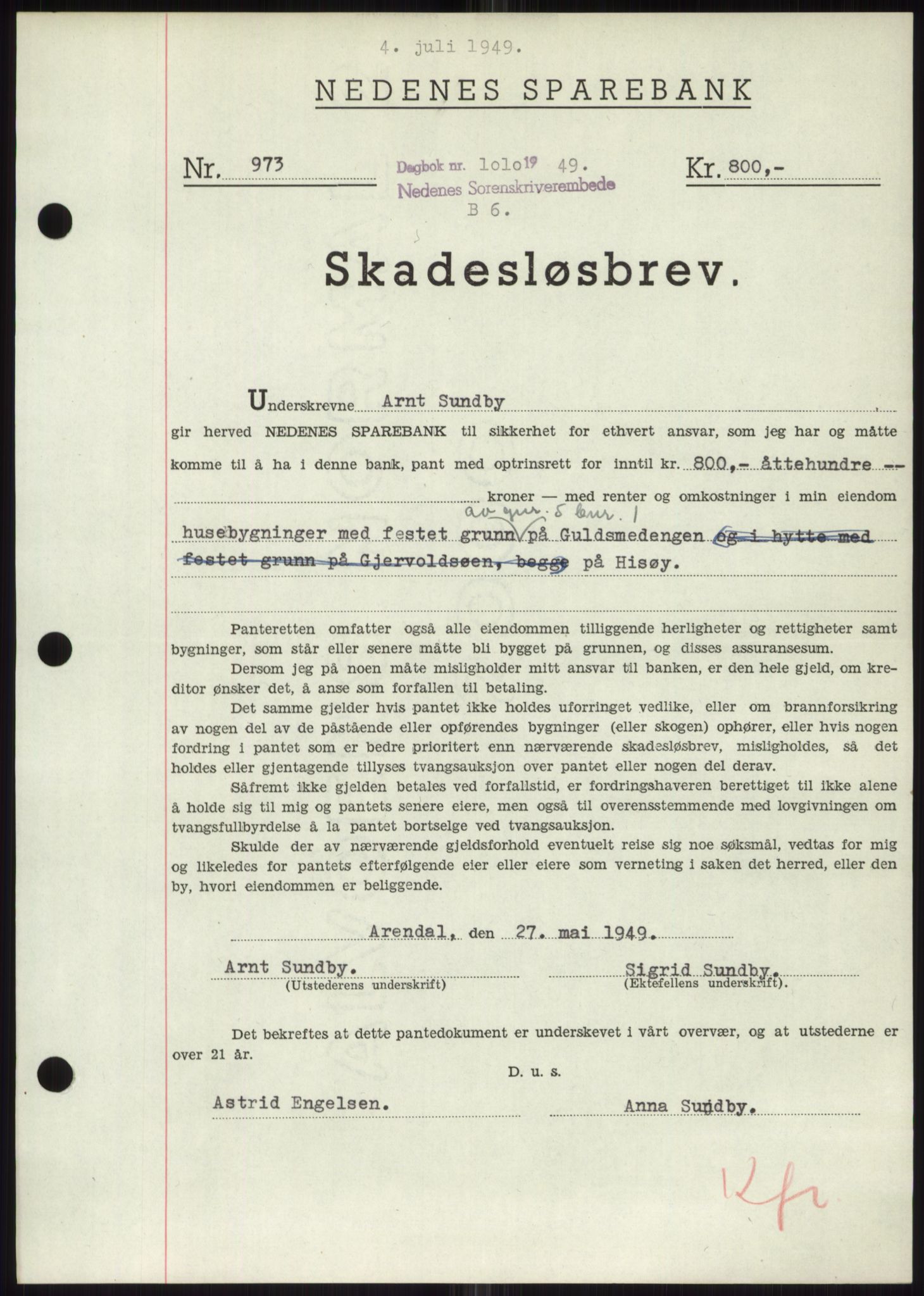 Nedenes sorenskriveri, AV/SAK-1221-0006/G/Gb/Gbb/L0006: Pantebok nr. B6, 1948-1949, Dagboknr: 1010/1949