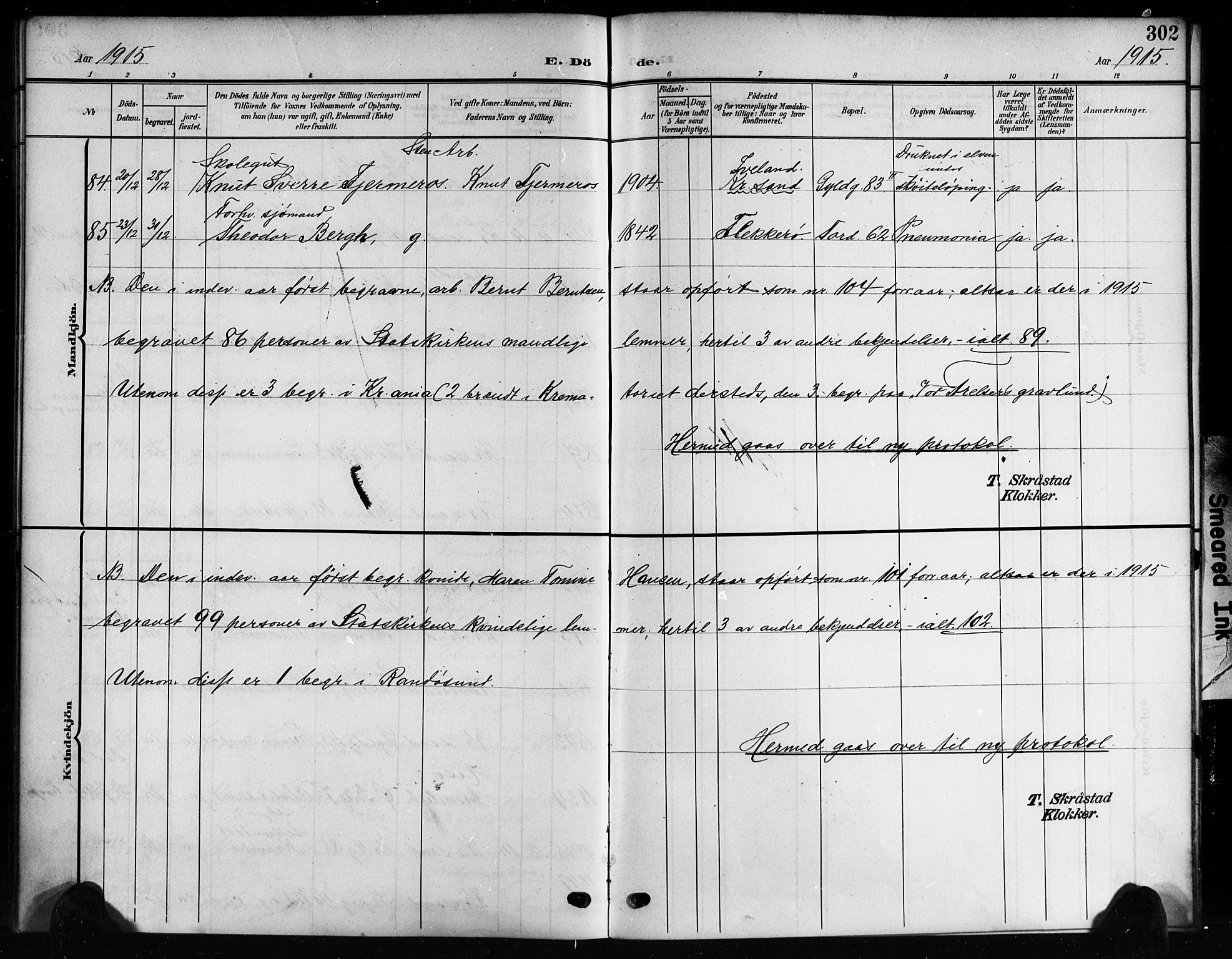 Kristiansand domprosti, AV/SAK-1112-0006/F/Fb/L0020: Klokkerbok nr. B 20, 1906-1915, s. 302
