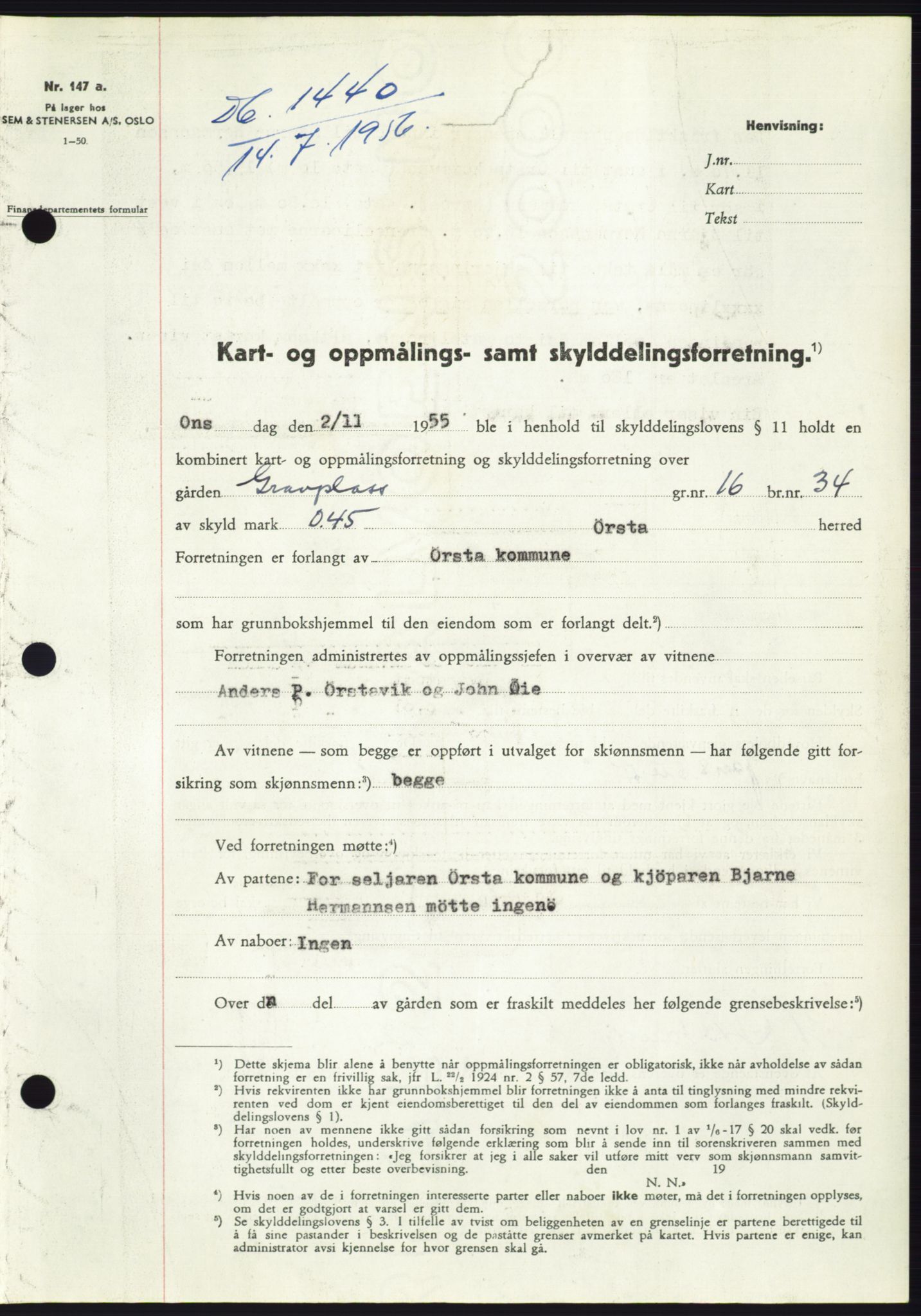 Søre Sunnmøre sorenskriveri, AV/SAT-A-4122/1/2/2C/L0104: Pantebok nr. 30A, 1956-1956, Dagboknr: 1440/1956