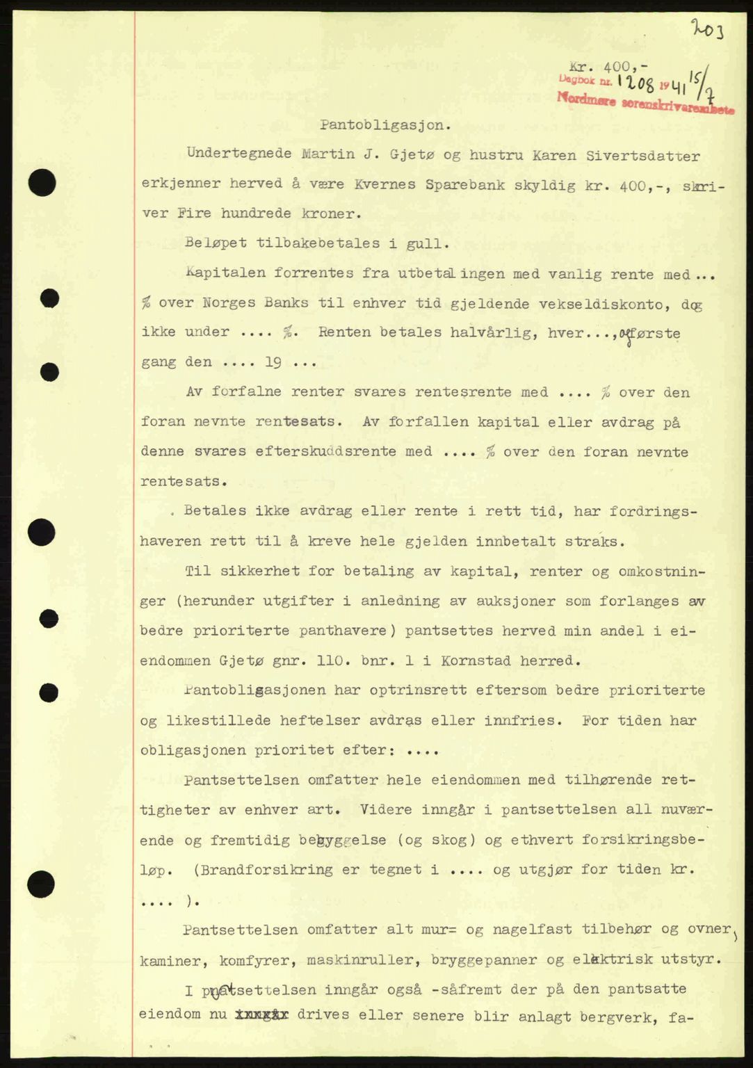 Nordmøre sorenskriveri, SAT/A-4132/1/2/2Ca: Pantebok nr. B88, 1941-1942, Dagboknr: 1208/1941